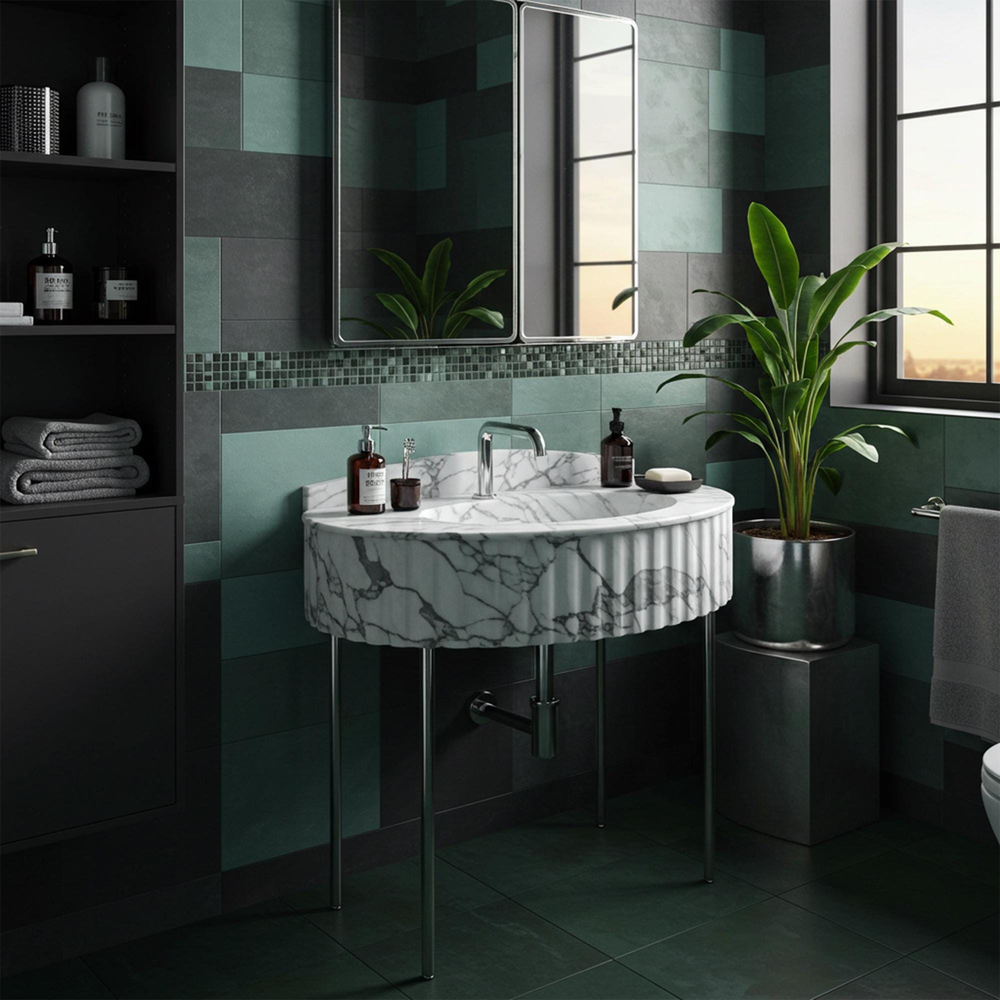 Carrara marble fluted console sink with integrated backsplash and sleek minimalist metal stand.