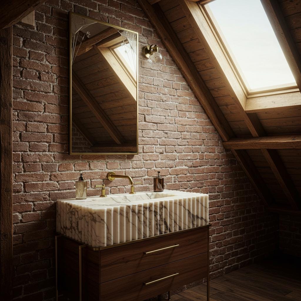 Carrara marble fluted sink with integrated backsplash, paired with a walnut wood vanity and brass fixtures for a sophisticated industrial look.