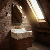 Carrara marble fluted vanity with integrated backsplash and walnut cabinet for a luxurious bathroom look.