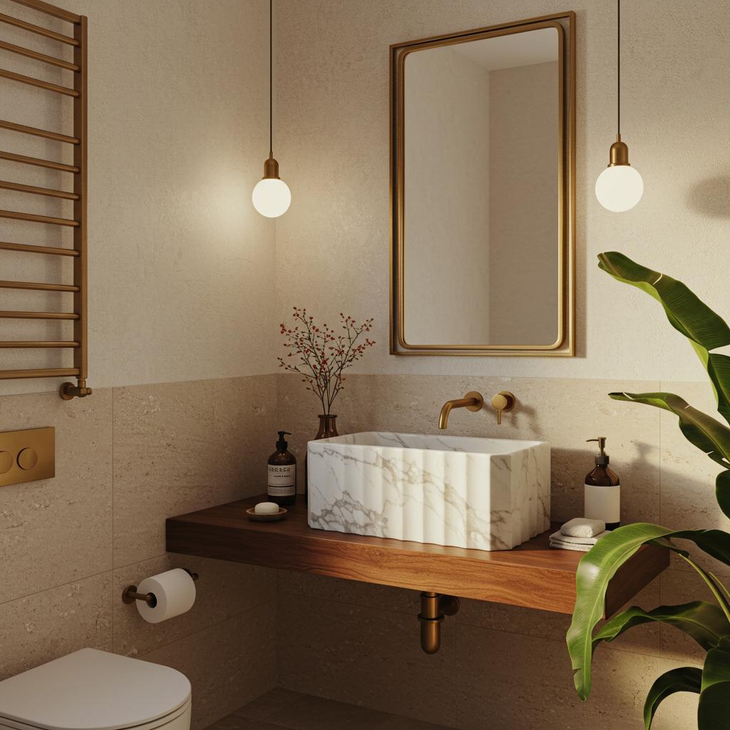 Carrara marble fluted vessel sink with hand-carved details, placed on a floating wood vanity.