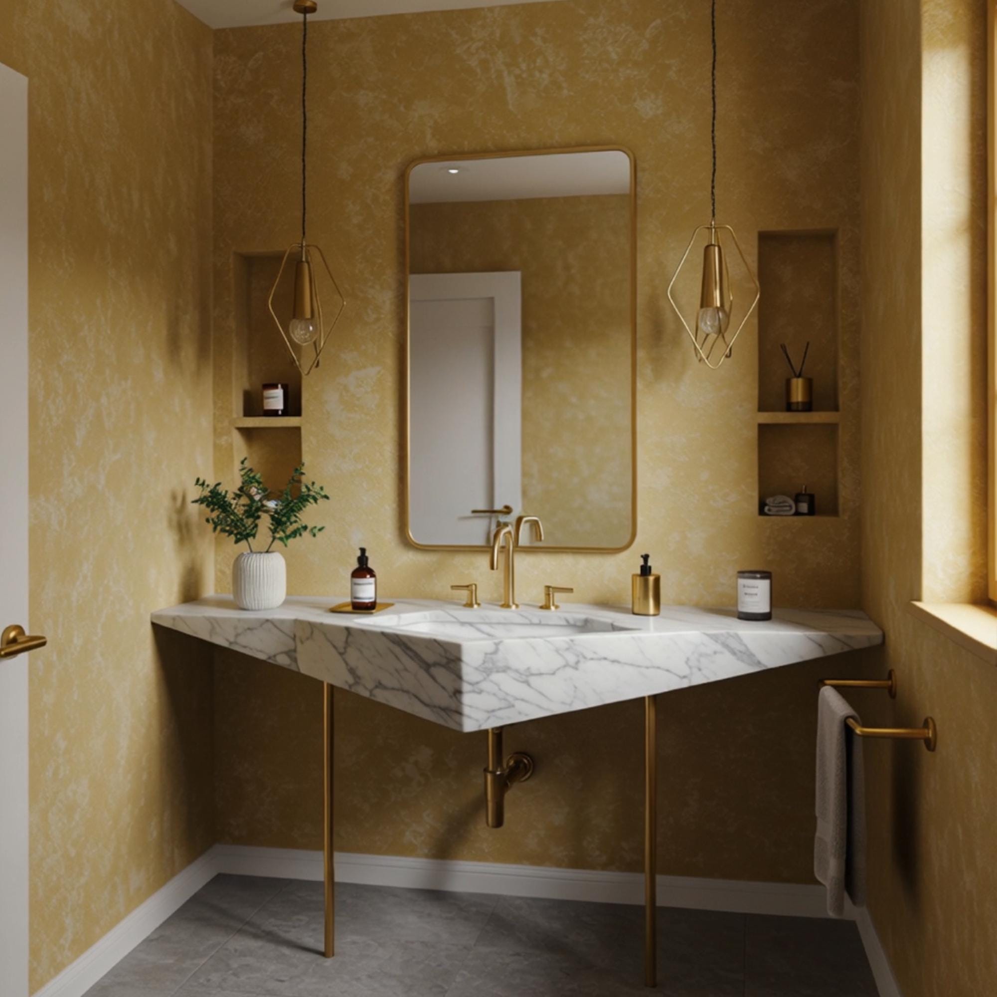 Carrara marble console vanity with asymmetrical geometric stone top and elegant brass stand.