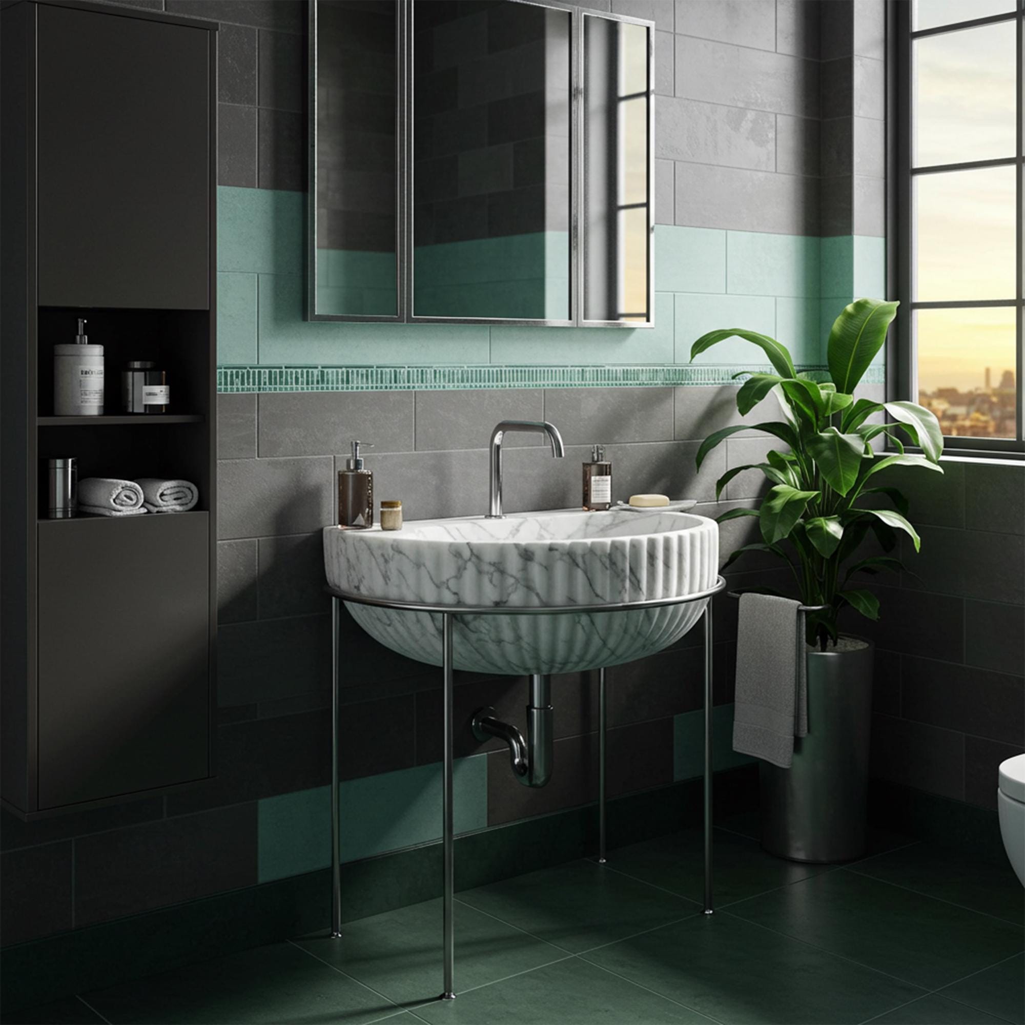 Carrara marble semicircular fluted console sink with minimalist metal stand for modern bathrooms.