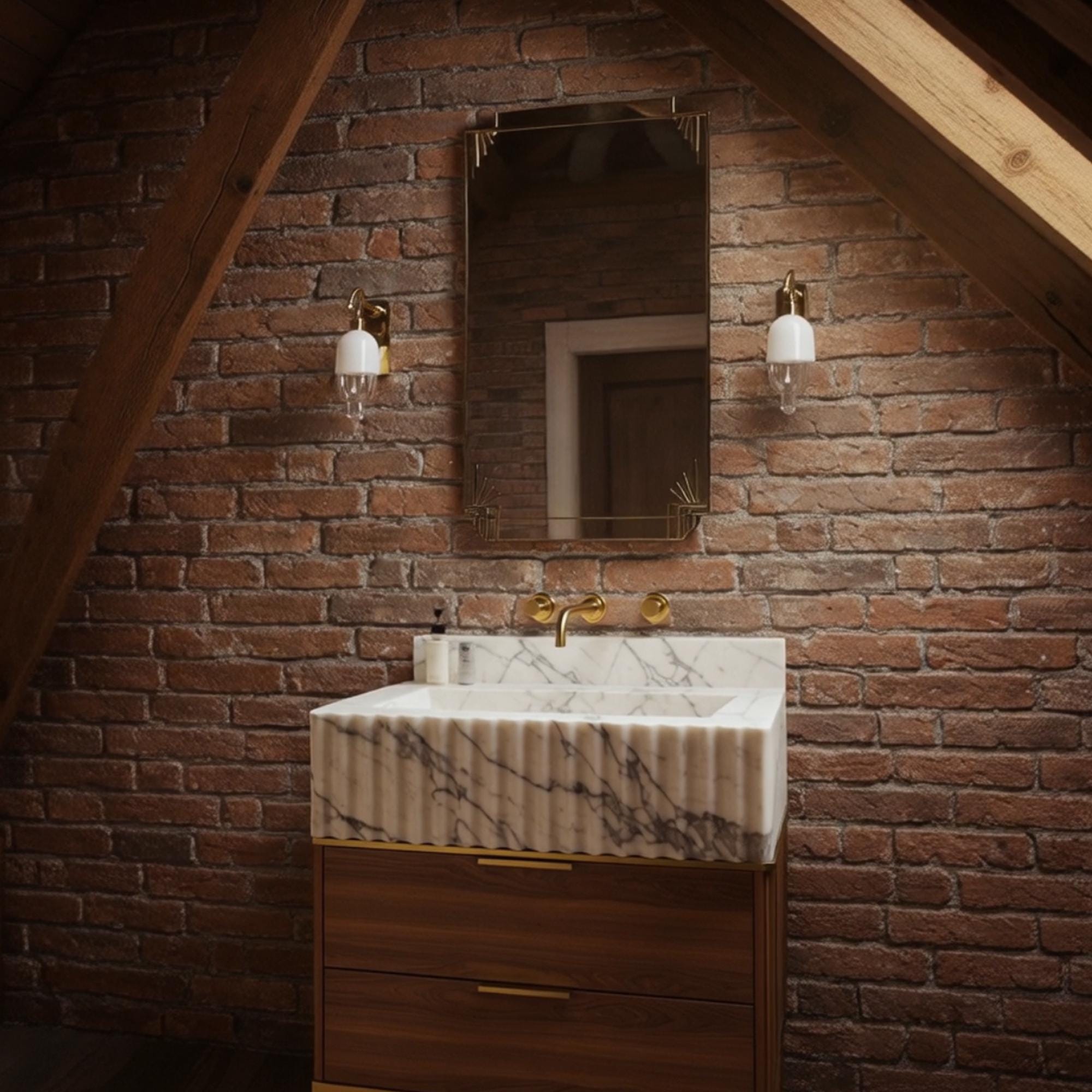 Bathroom vanity with Carrara marble fluted sink, brass fixtures, and a warm walnut base cabinet.