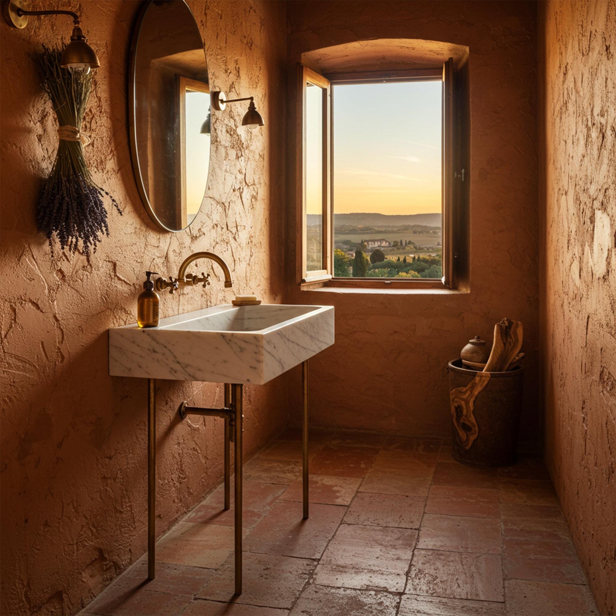 Carrara marble slim floating sink with minimalist wall-mounted design and brass legs.