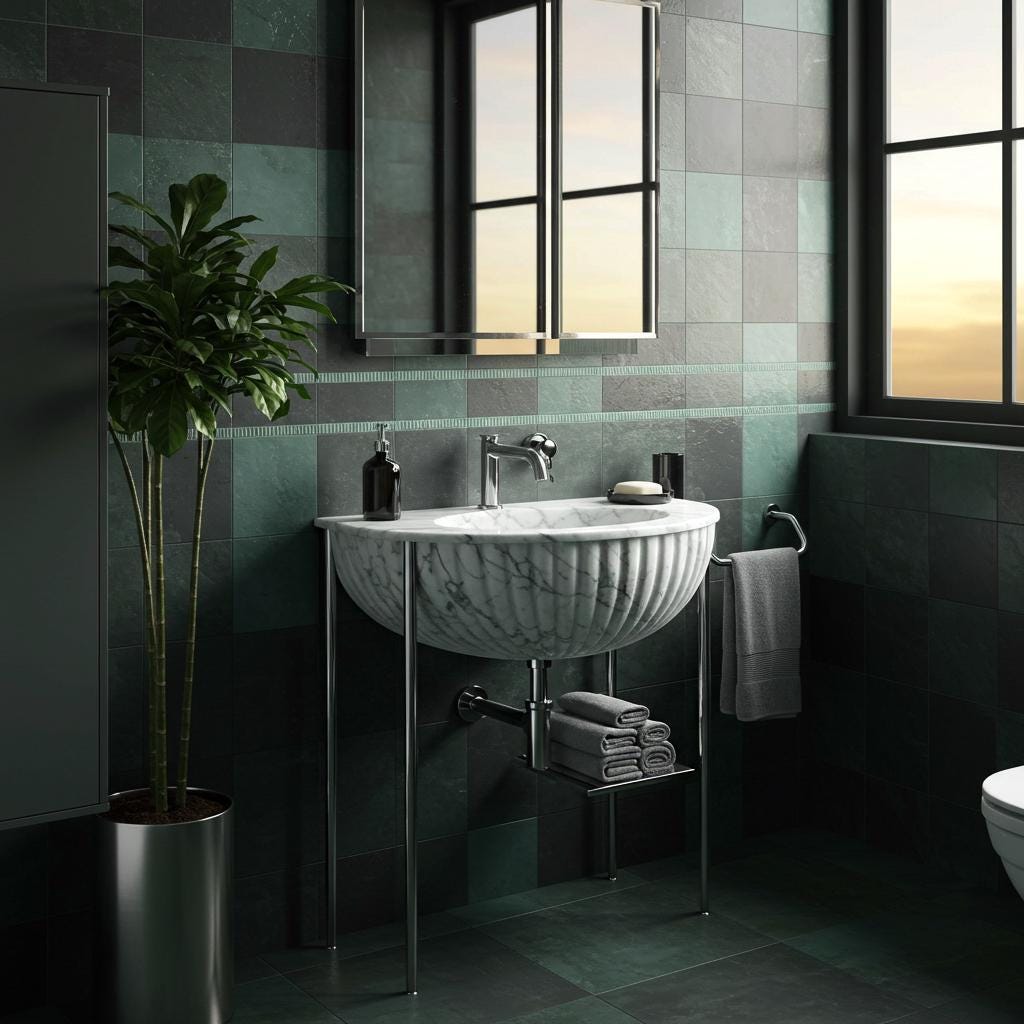 Carrara marble semicircular fluted sink with sleek chrome stand and integrated towel rail.