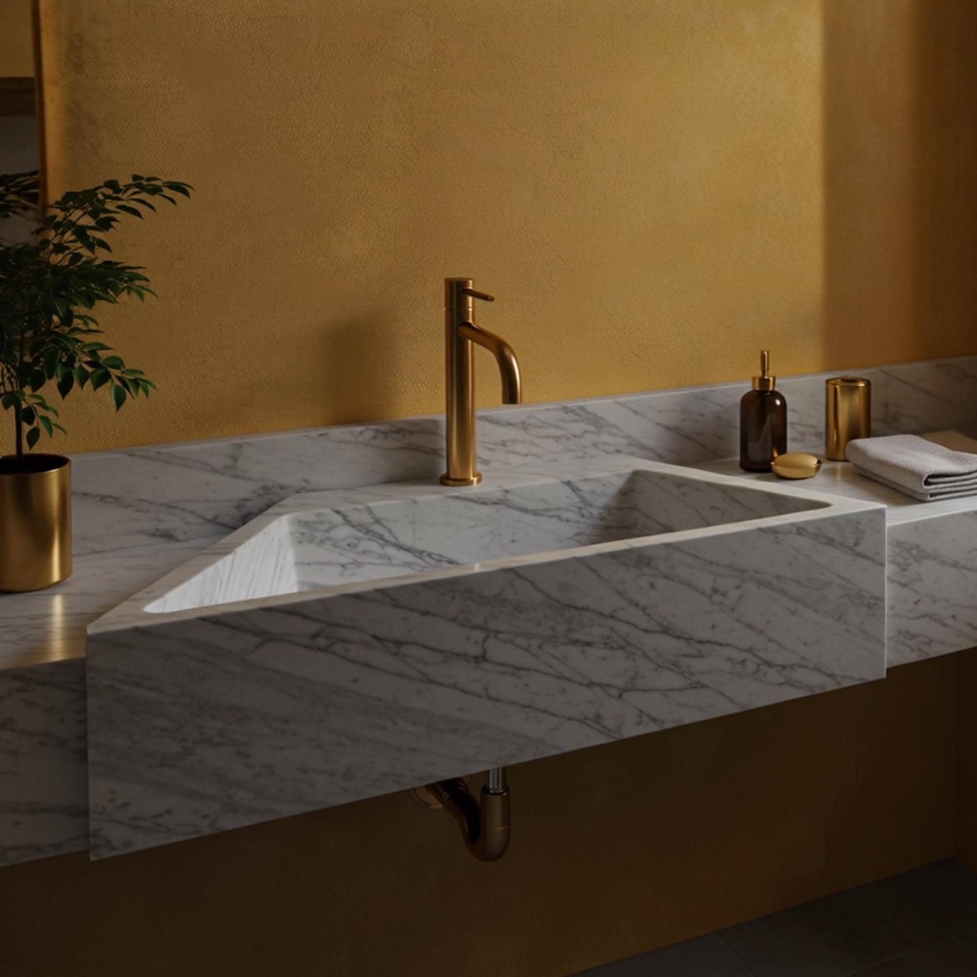 Modern bathroom sink crafted from hand-carved Carrara marble with a floating vanity silhouette.