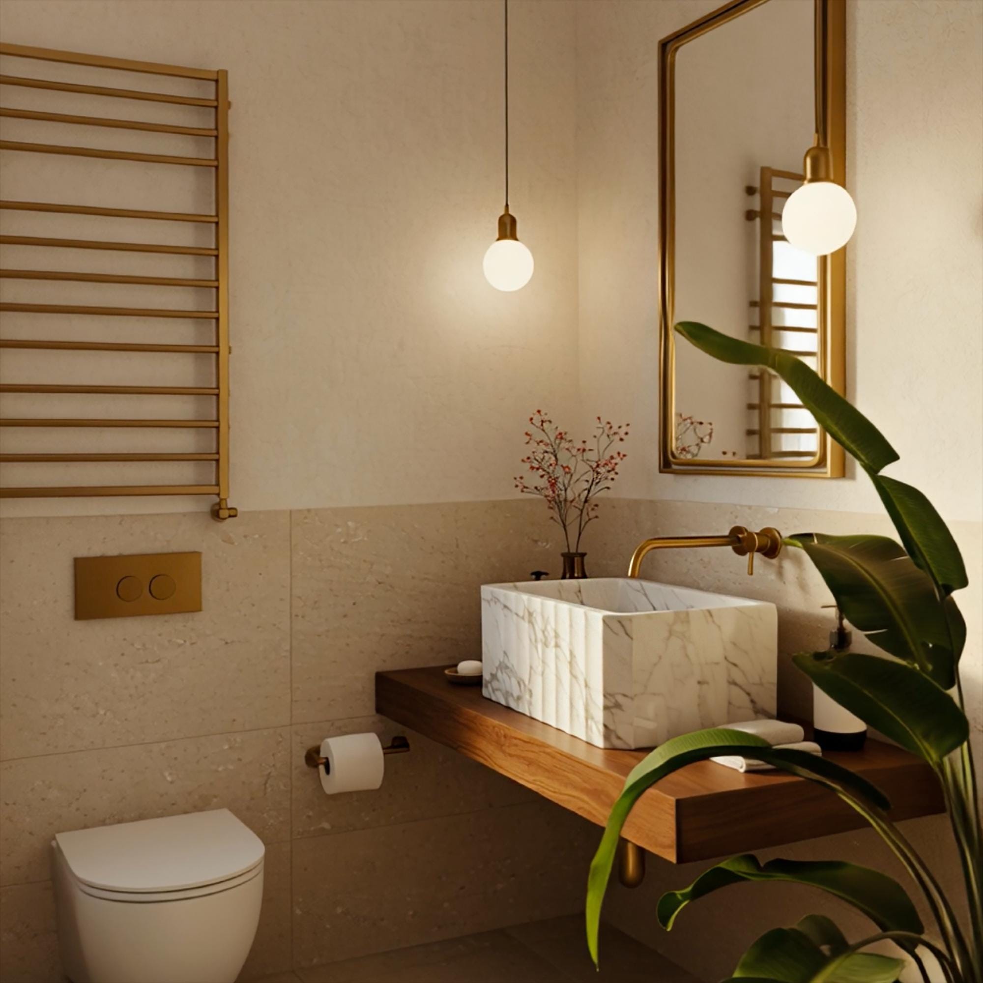 Elegant Carrara marble vessel sink with vertical fluting, mounted on a floating walnut vanity.