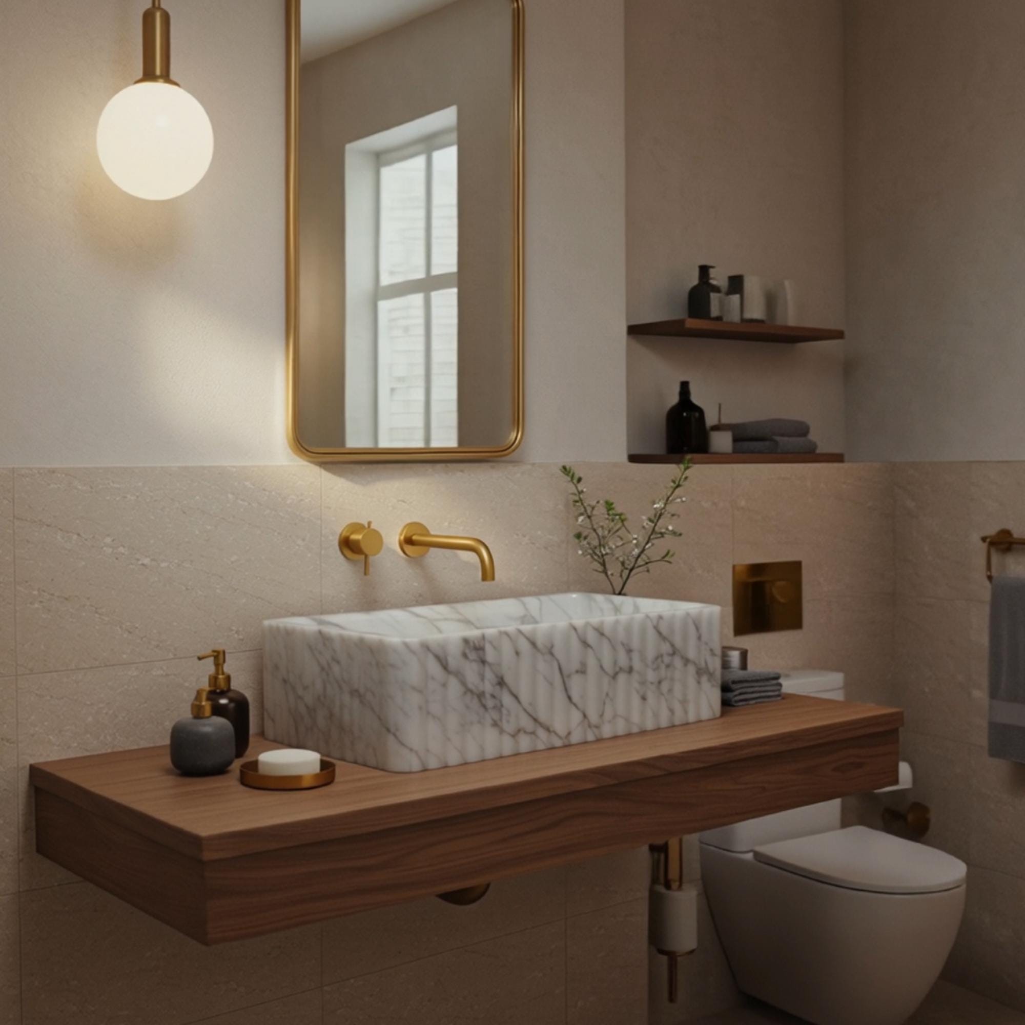 Elegant Carrara marble vessel sink featuring a ribbed fluted texture, perfect for minimalist bathrooms.