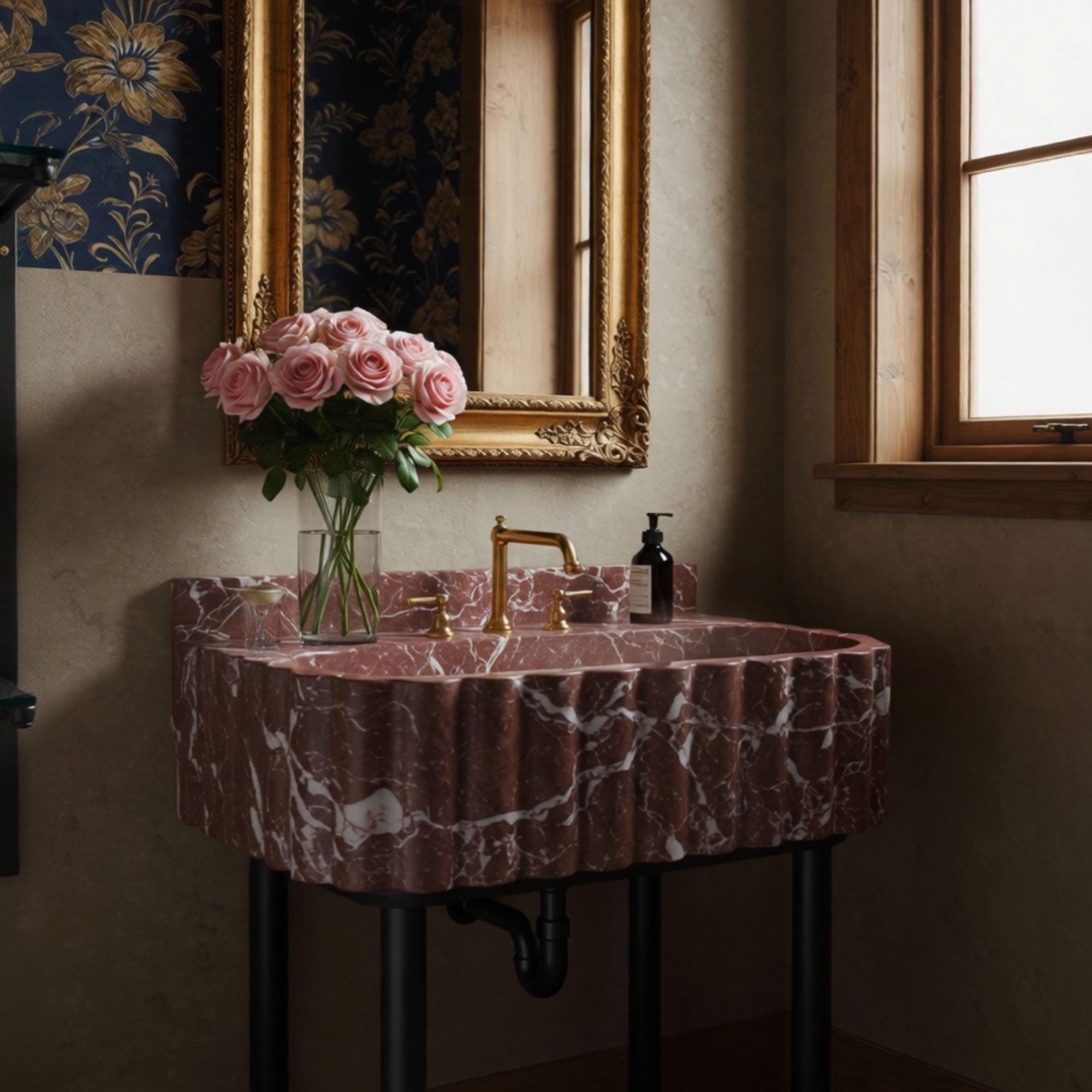 This cherry-toned Rosso Levanto marble sink features sculpted scalloped edges and a matching backsplash for bold elegance.