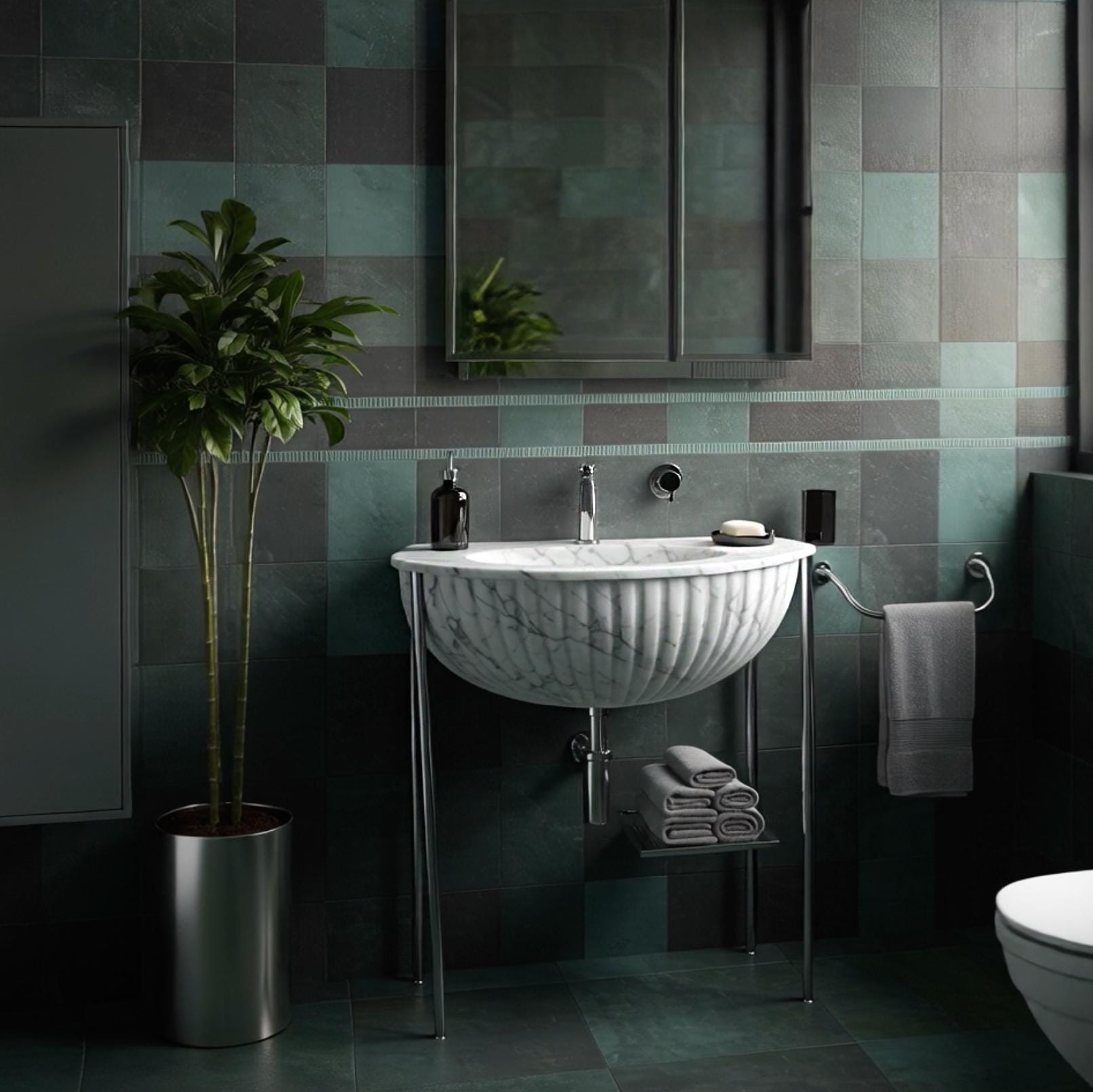 Modern semicircular console sink crafted from Carrara marble with chrome stand and towel holder.