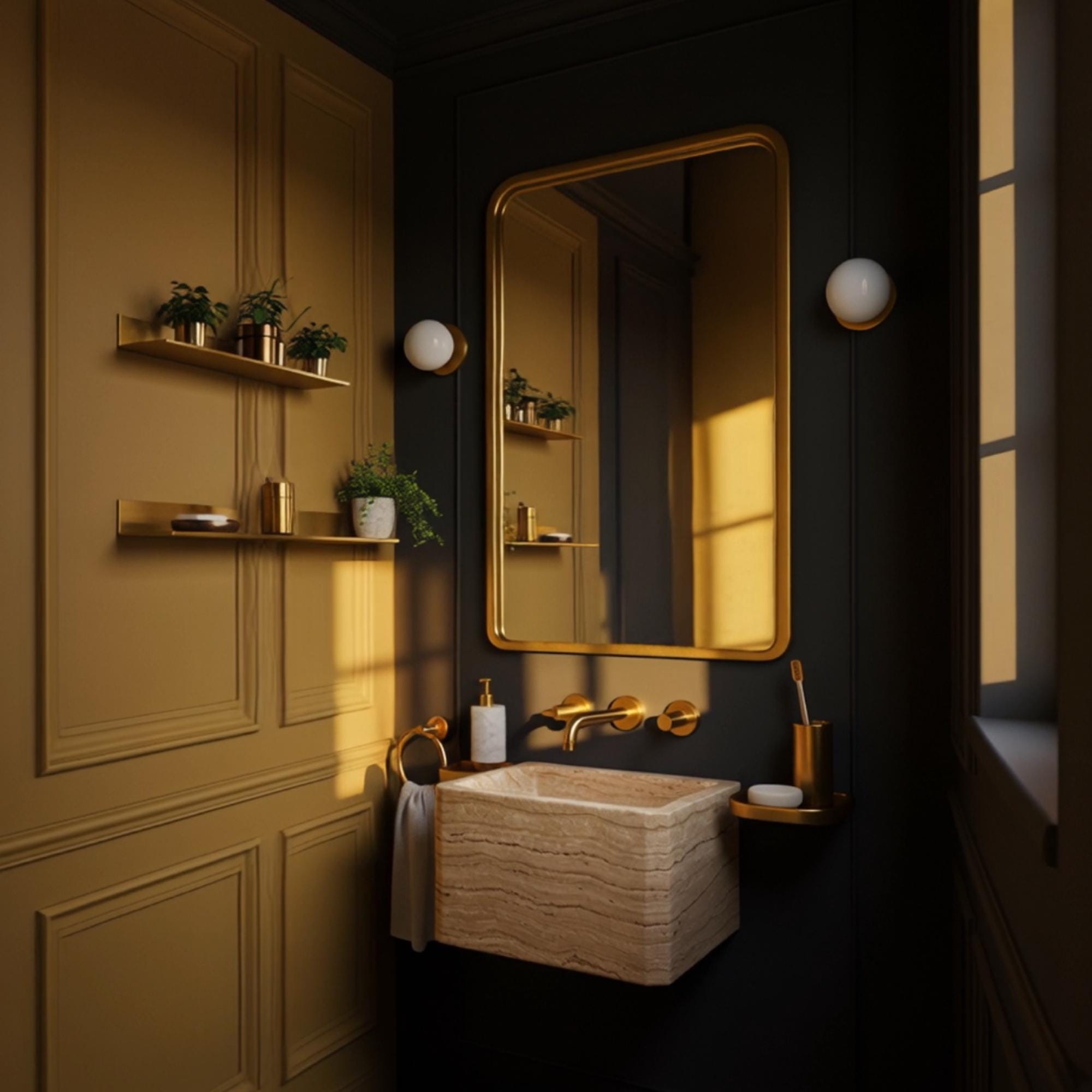 Compact wall-mounted vanity with beige travertine stone, sleek and elegant design.