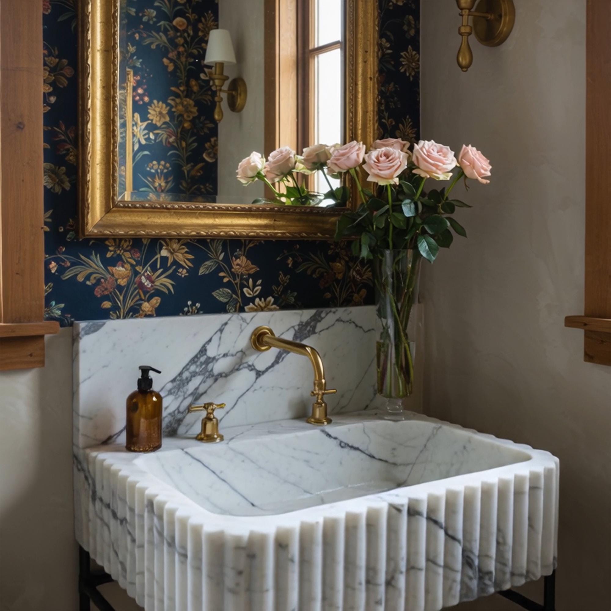 This console vanity features Calacatta Viola marble with sculptural fluting and slim black legs for a bold aesthetic.