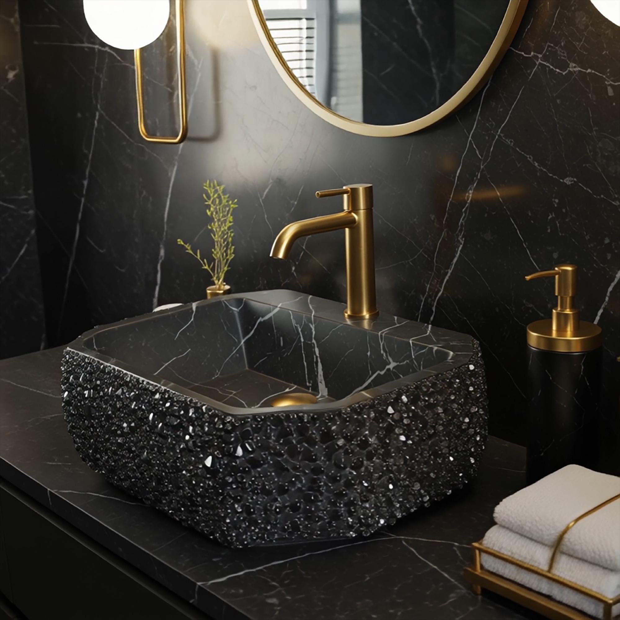 Octagonal black marble vessel sink with handcrafted crystal embellishments for upscale interiors.