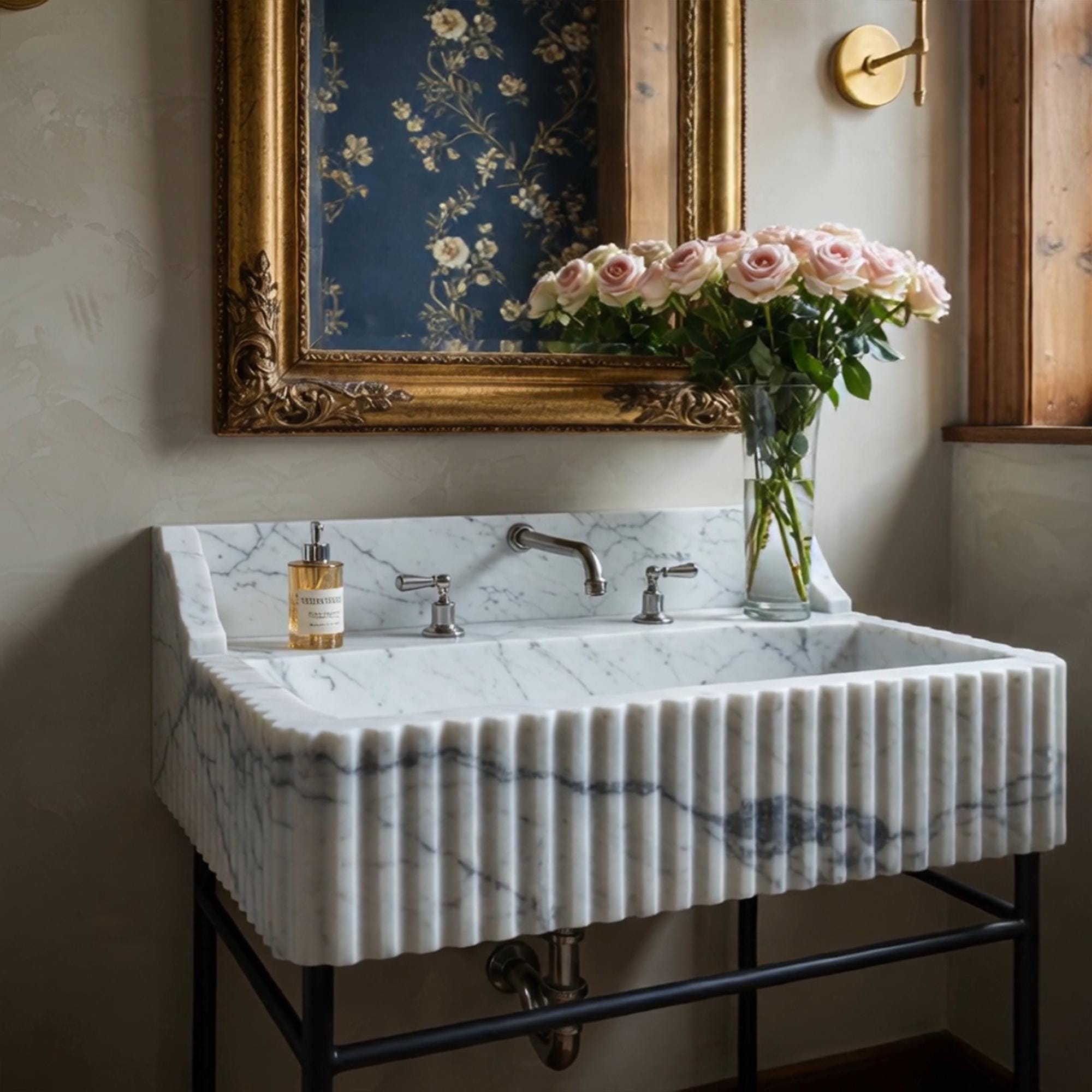 This console sink in Versailles Crest marble features fluted detailing and sculpted side splashes, perfect for refined interiors.