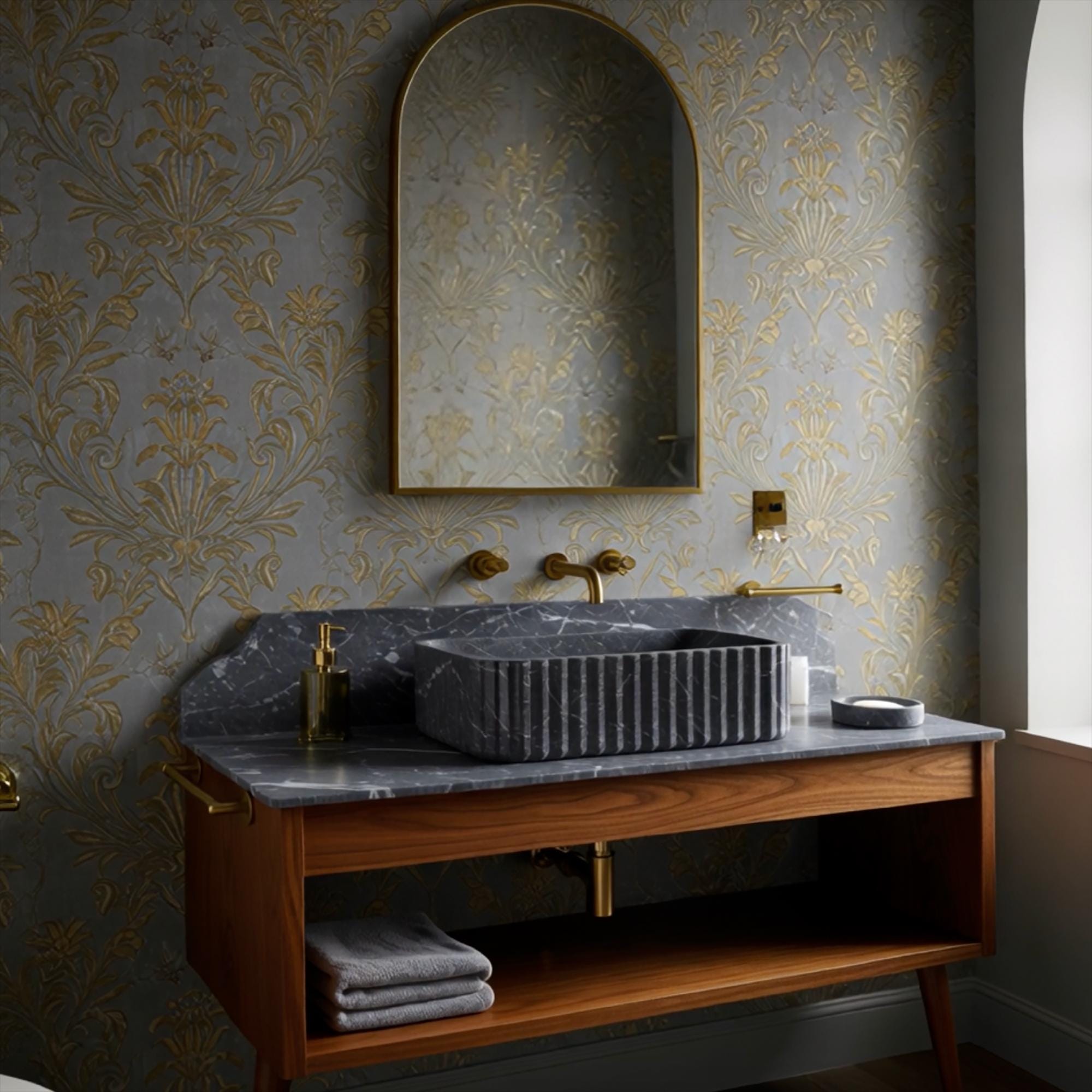 Dark grey fluted marble vessel sink paired with oak bathroom console and matching marble backsplash.
