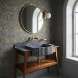 Fluted dark grey marble sink with custom backsplash, mounted on a mid-century walnut console with open shelf.