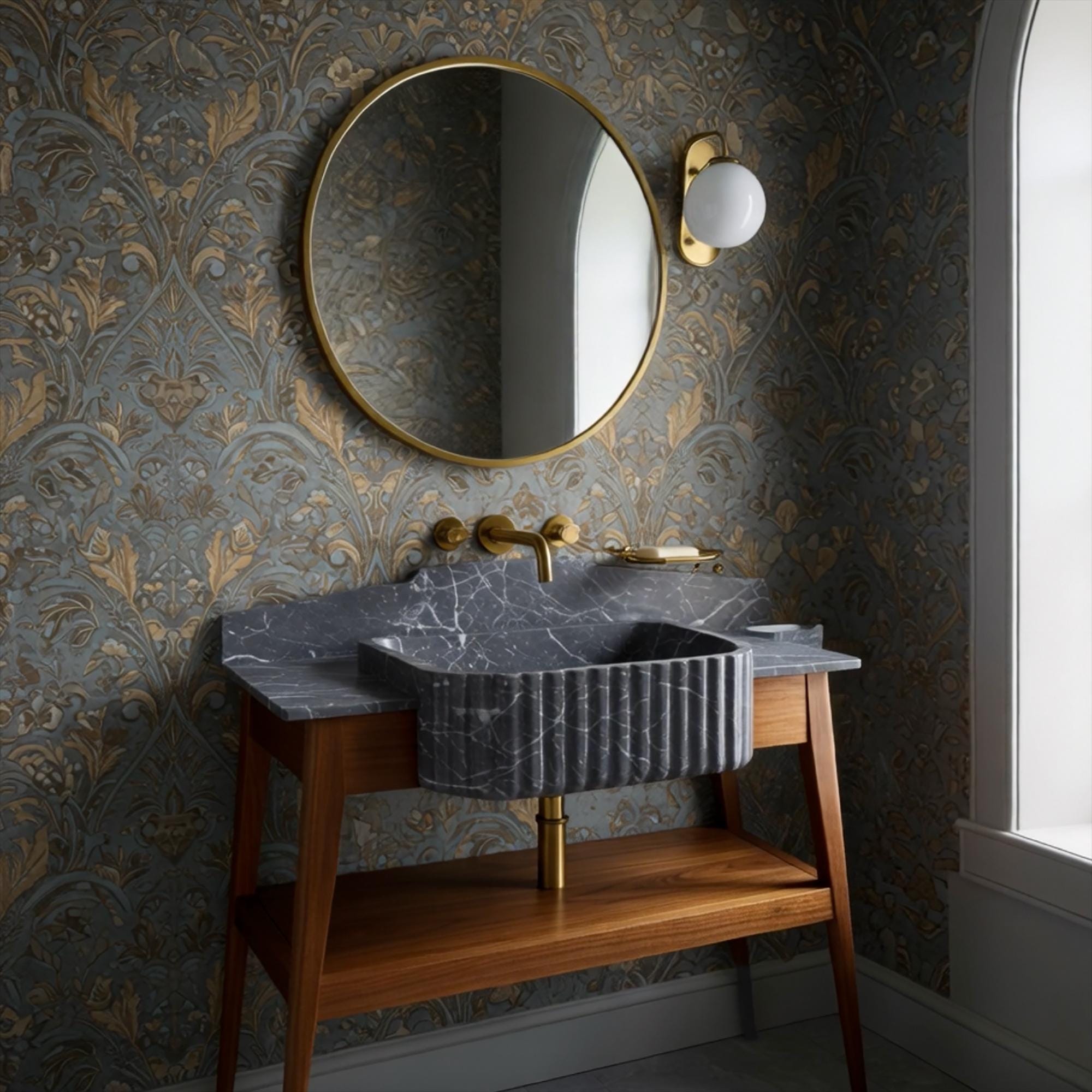 Luxury dark marble console sink with vertical fluting detail, walnut base, and custom stone backsplash.