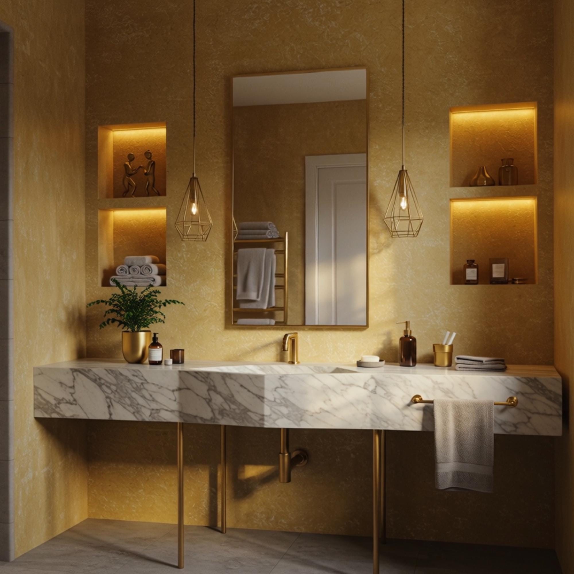 Elegant double basin vanity made from Carrara marble with gold accents and modern design.