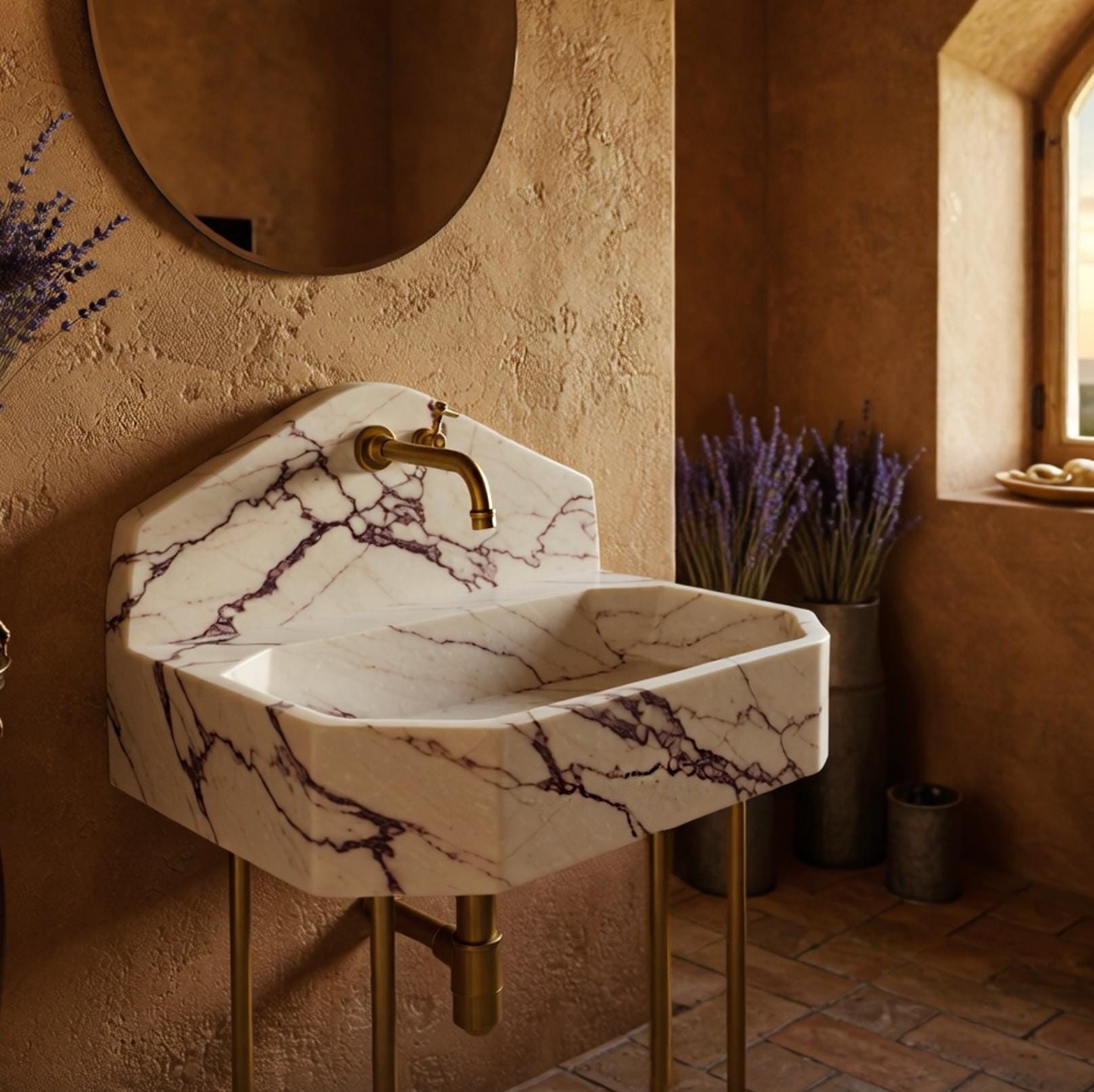 Sophisticated octagonal console sink with Calacatta Viola marble and custom peaked backsplash.
