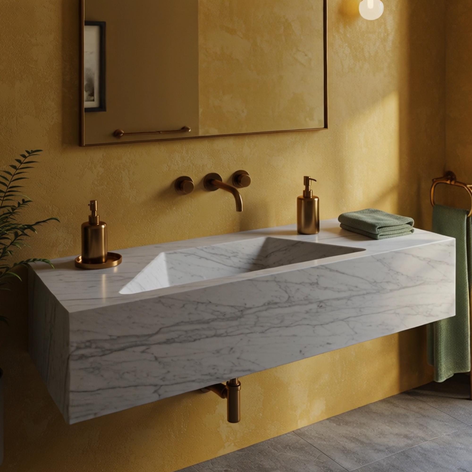 Modern wall-mounted Carrara marble vanity with seamless wide basin and clean lines.