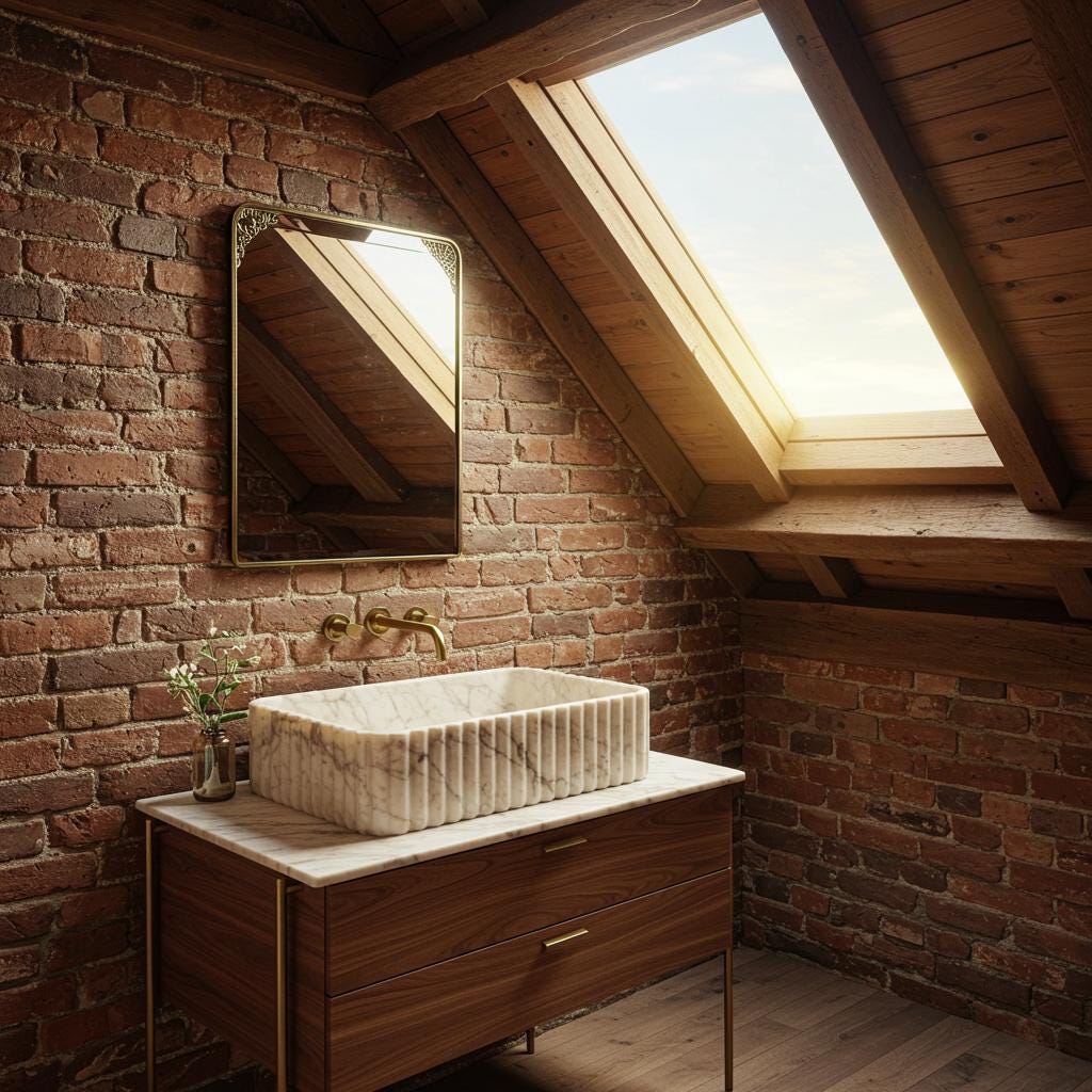 Handcrafted marble vessel sink on farmhouse vanity with natural wood finish