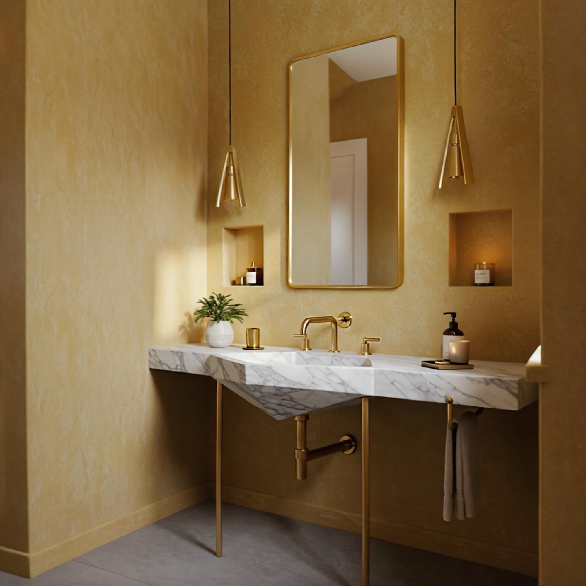 Sleek Carrara marble sink with floating effect, gold-toned brass supports and minimalist design for luxurious bathrooms.