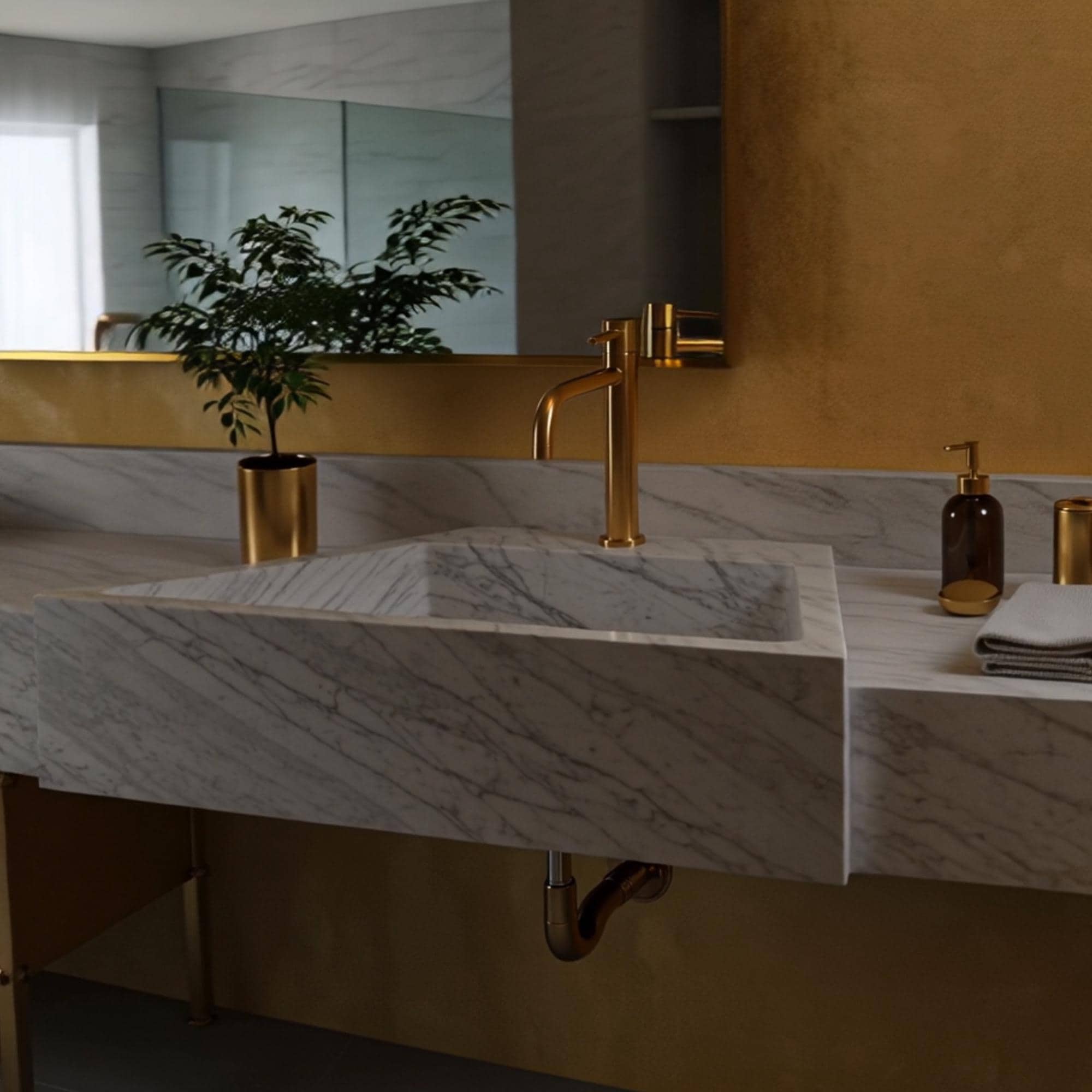 Floating Carrara marble sink with clean lines and integrated stone back panel.