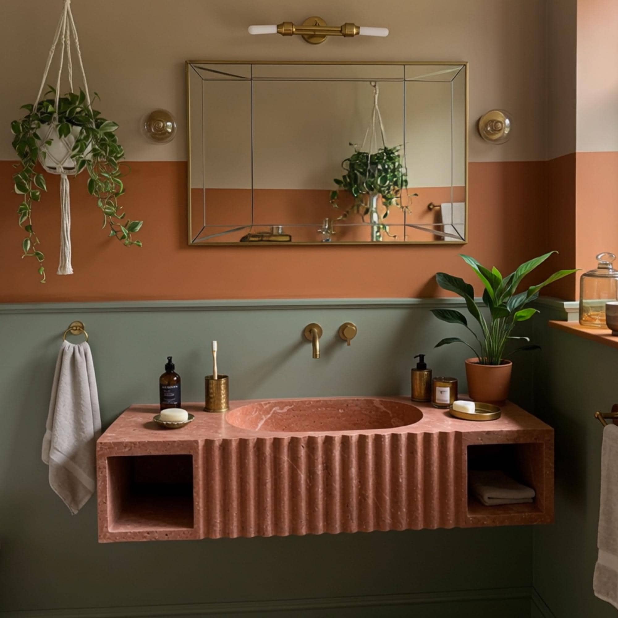 Red travertine floating bathroom vanity featuring fluted front design and built-in open shelving.