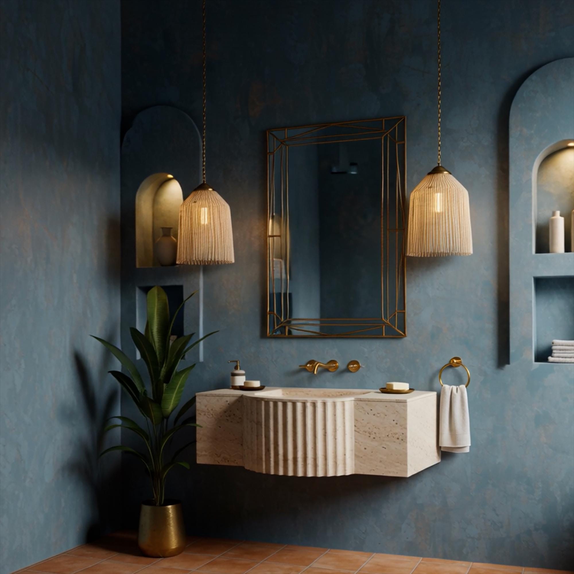 Floating console sink in natural beige travertine featuring fluted semicircular front and sleek lines.
