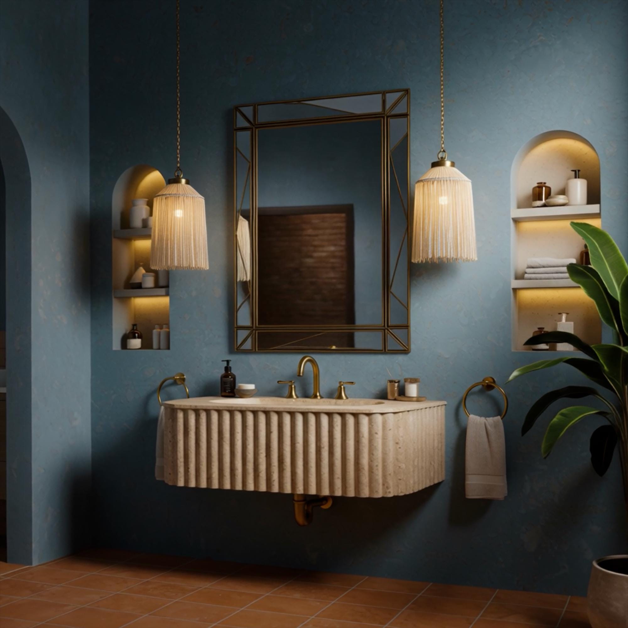 Floating double bathroom sink in beige travertine with a fluted front, ideal for elegant interiors.