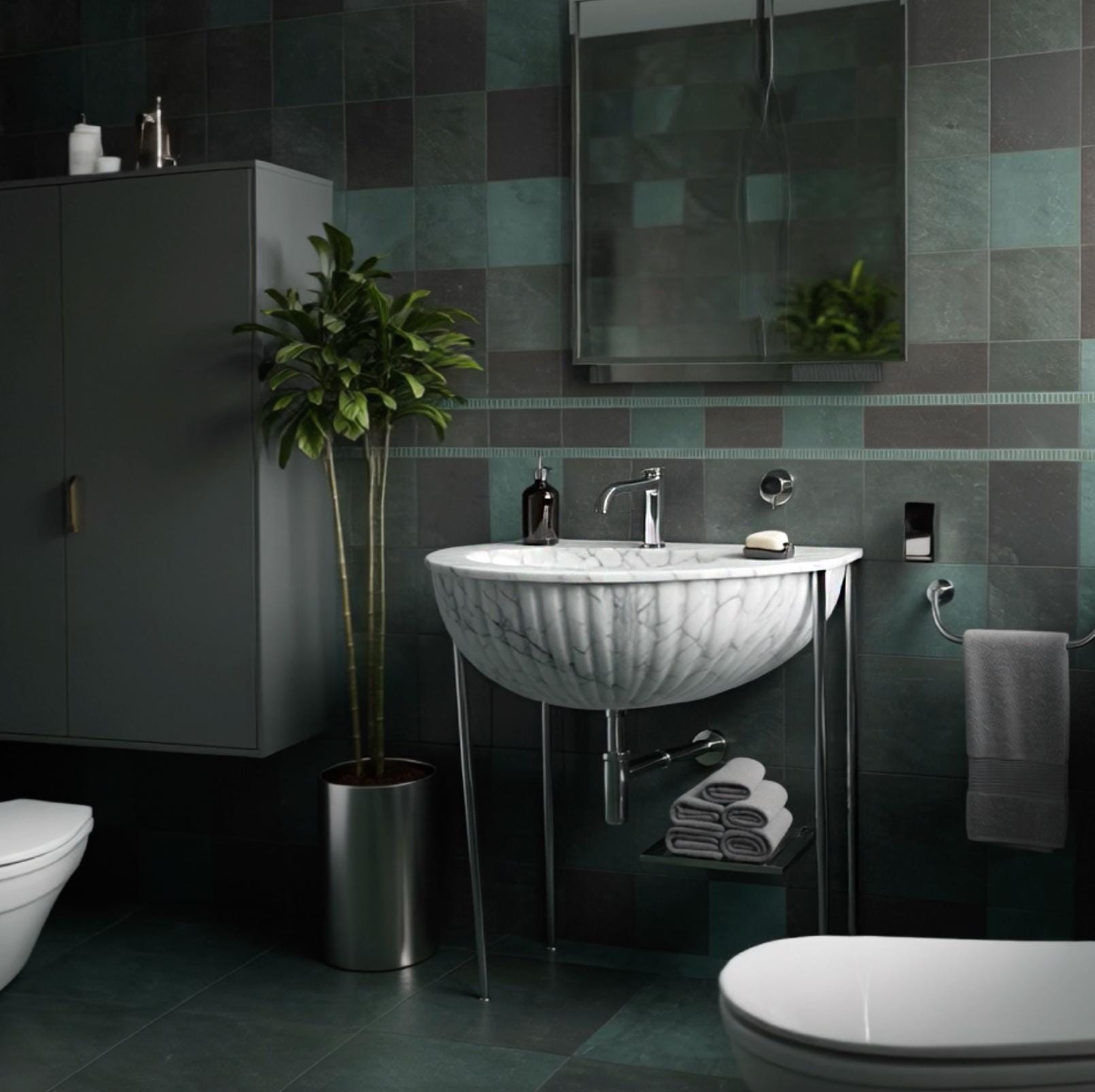 Elegant bathroom console sink in fluted Carrara marble with chrome fixtures and compact storage rail.