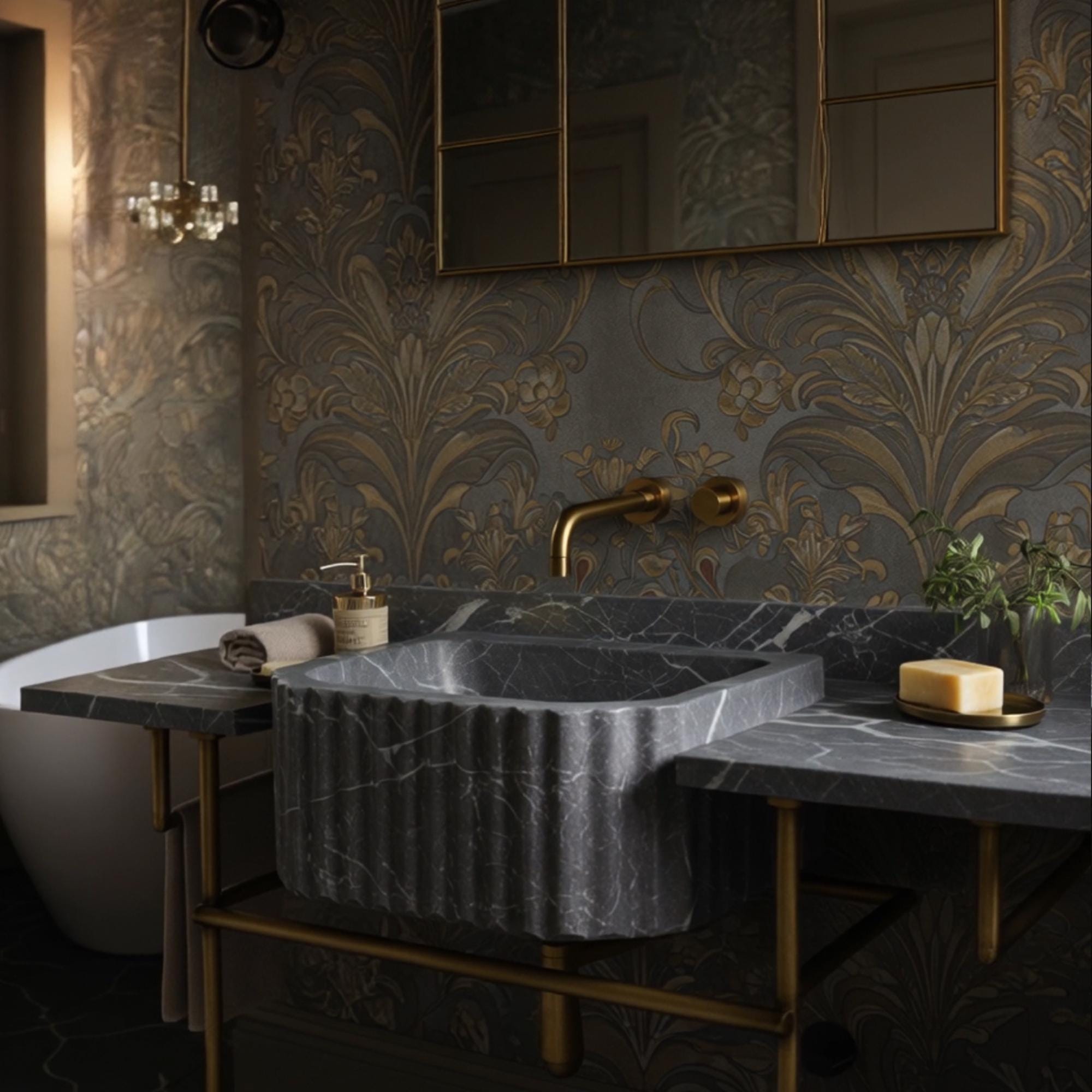 Sculpted black marble sink with ribbed fluted front, matching countertop, and sleek brass frame.