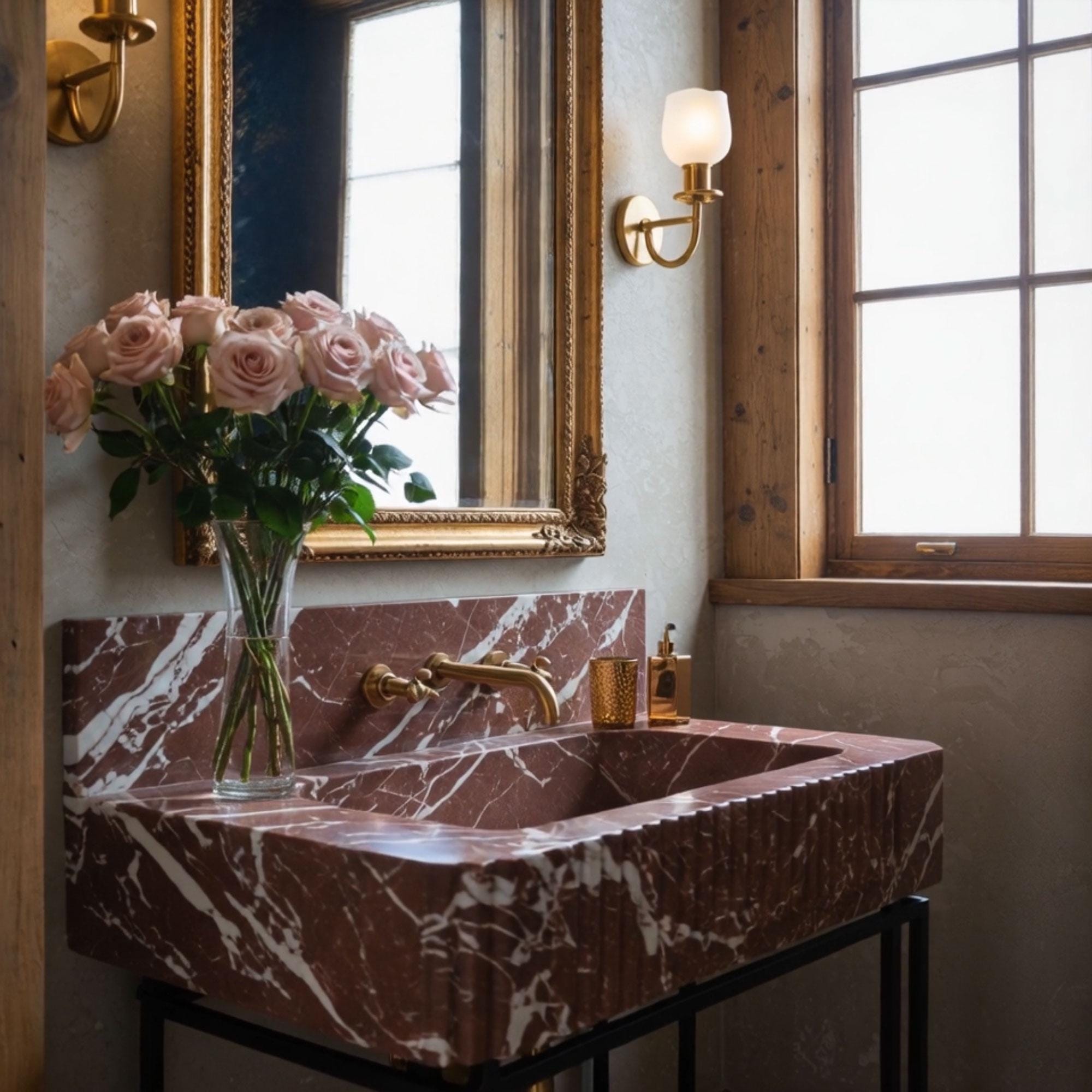 A fluted vanity sink in Imperial Bordeaux marble with a matching backsplash panel, crafted for high-end statement bathrooms.