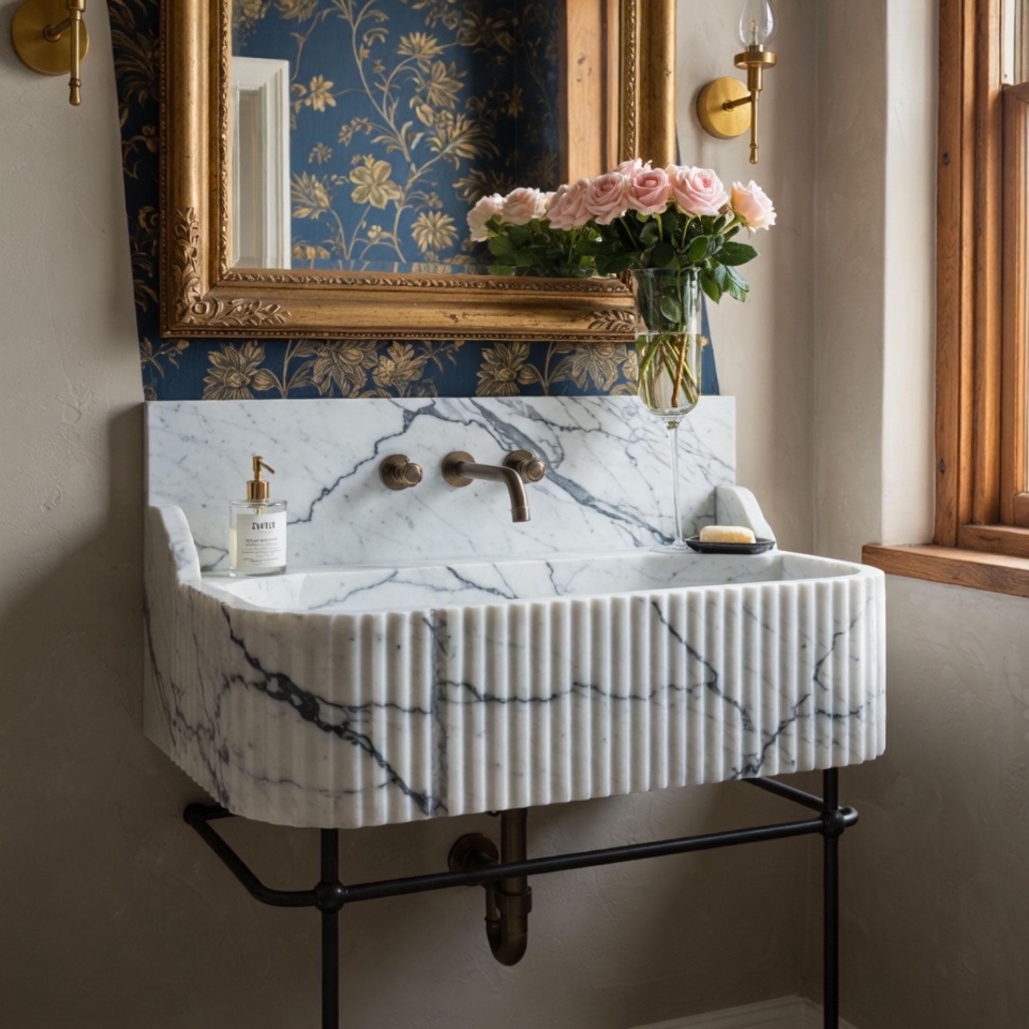 A fluted marble sink crafted from Calacatta Reverie with an integrated brass rail and splash guards, perfect for classic-modern interiors.