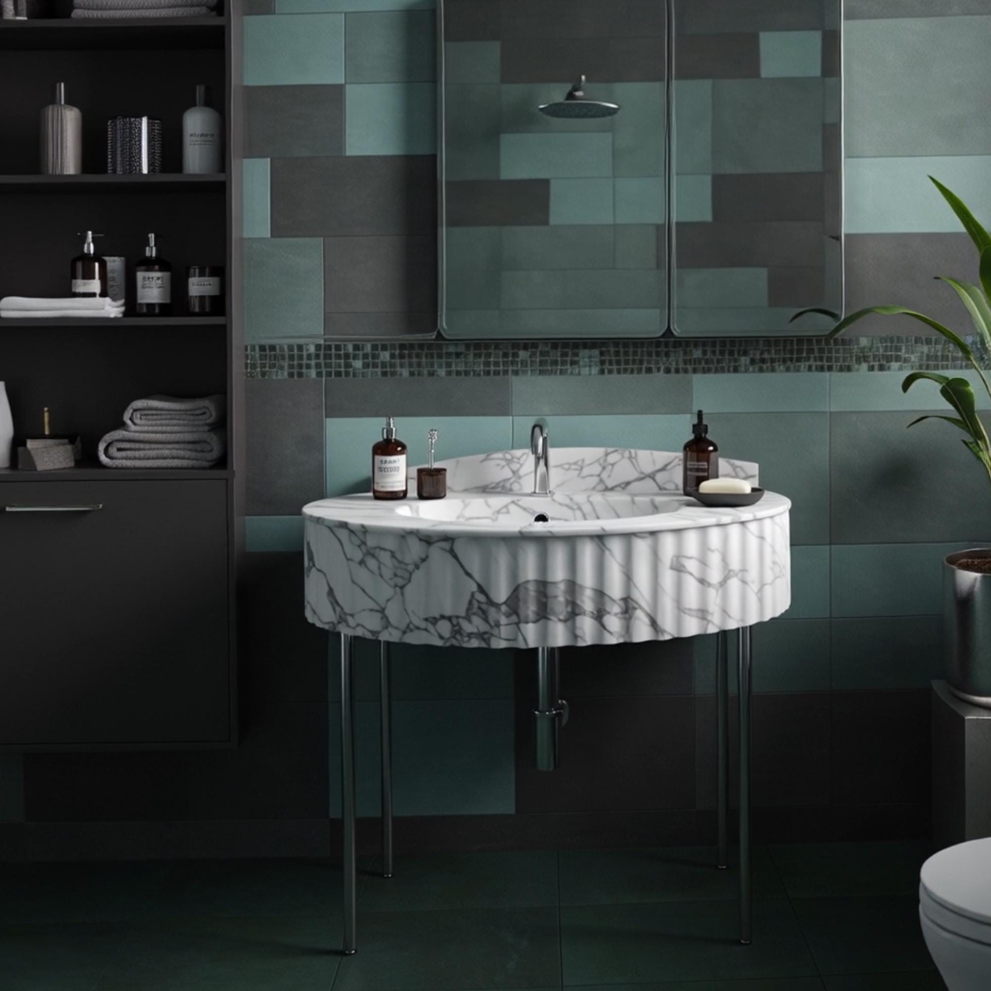 Fluted Carrara marble console sink featuring an integrated backsplash and minimalistic frame design.