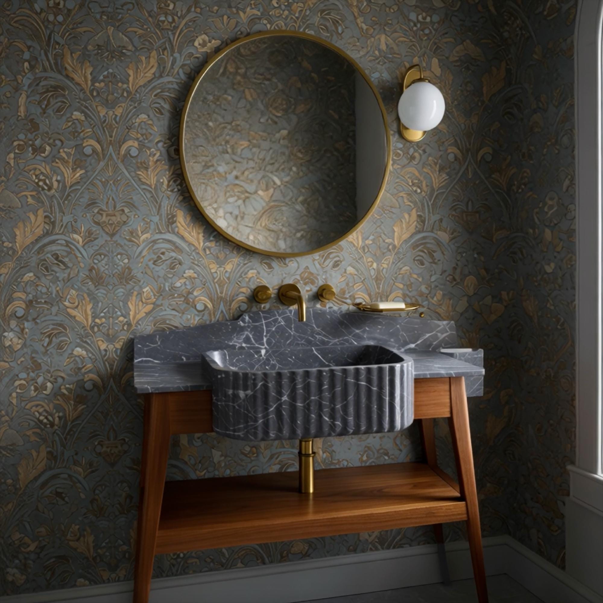 Modern fluted stone sink in deep grey marble paired with open-shelf walnut stand and gold wall-mounted faucet.