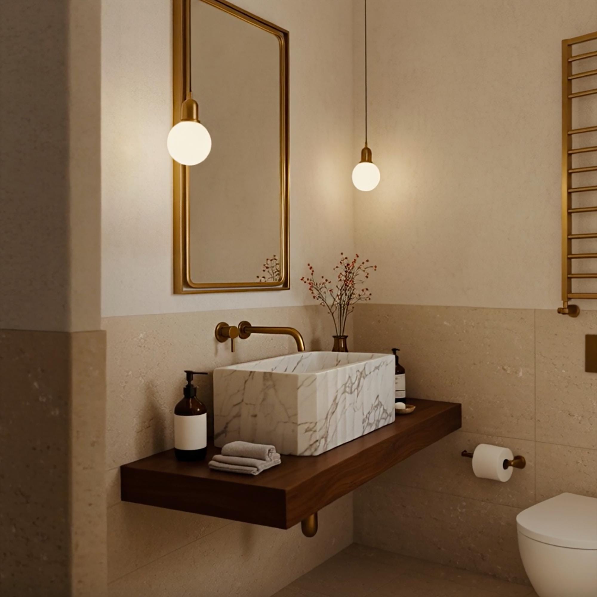 Hand-carved fluted vessel sink in Carrara marble, ideal for minimalist floating vanities.