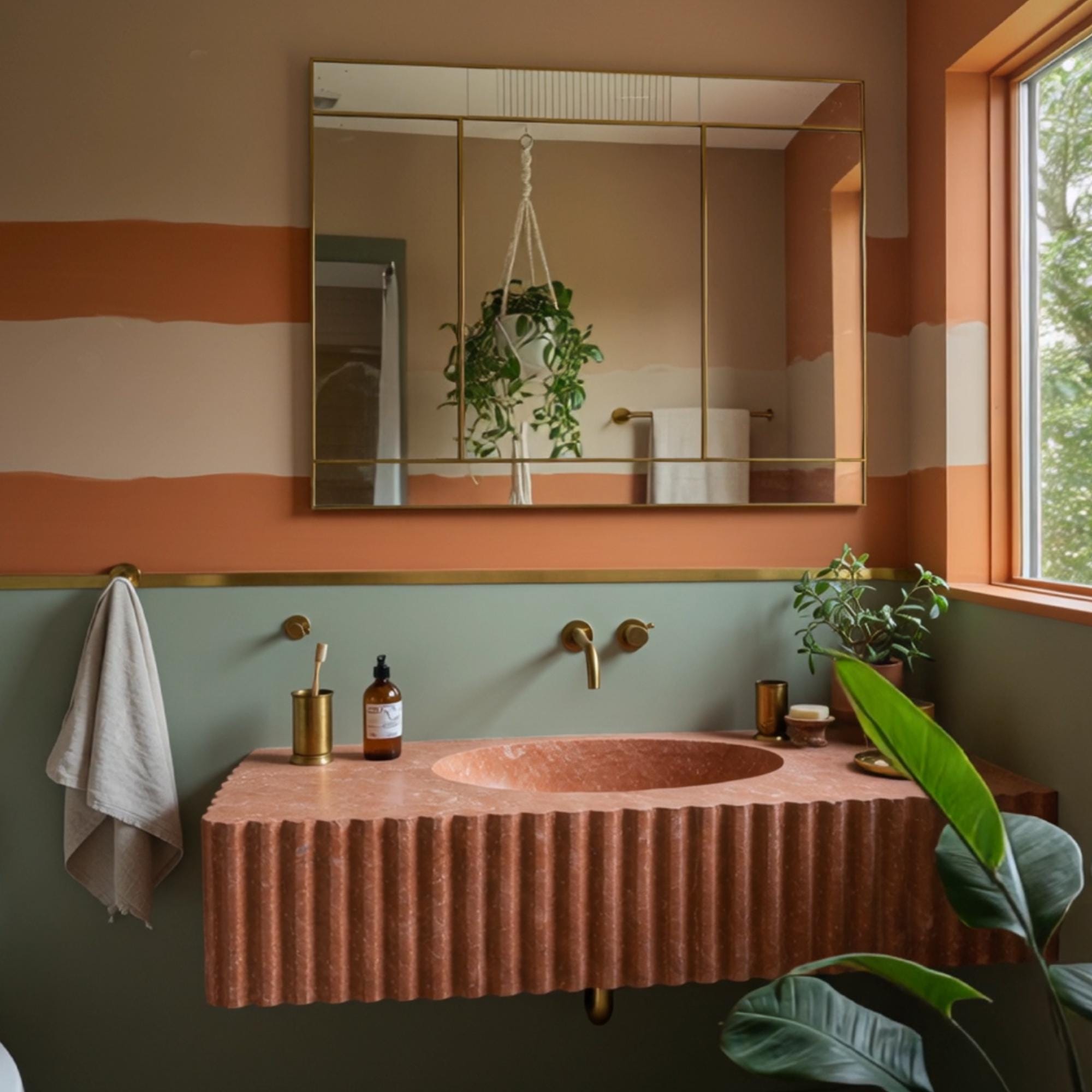 Fluted red travertine wall-mount sink handcrafted from natural stone for bold bathroom interiors.