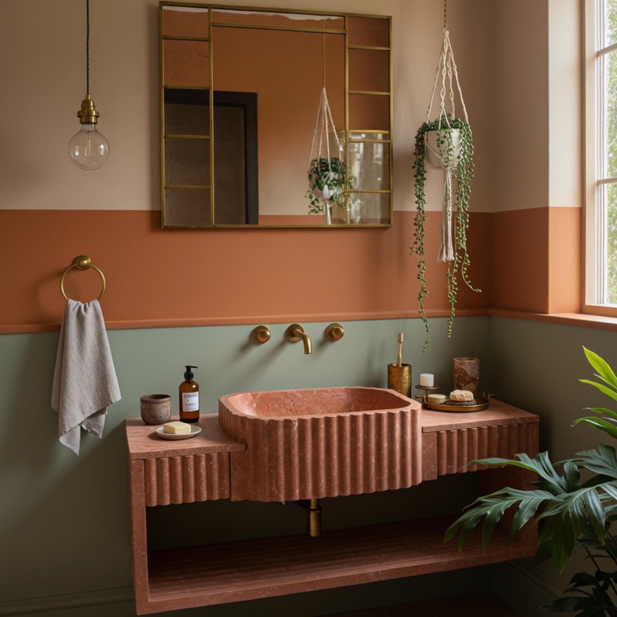 Wall-mounted red travertine vanity with fluted detailing, storage drawers, and open shelf.