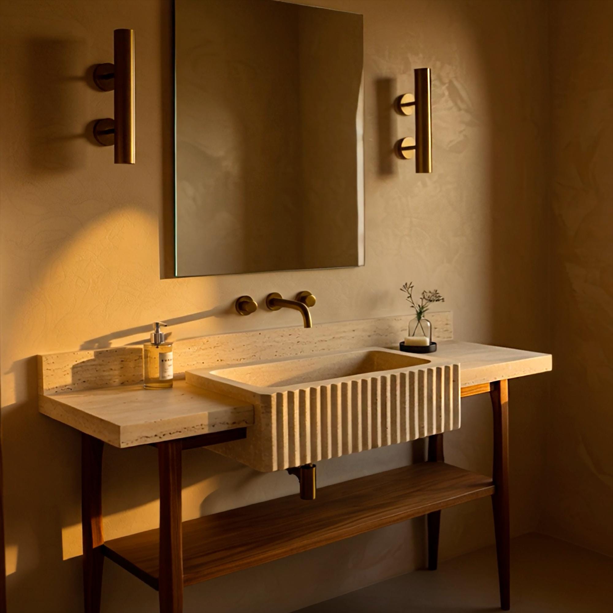 Fluted beige travertine bathroom sink on a walnut-toned oak stand, with functional backsplash and open storage shelf.