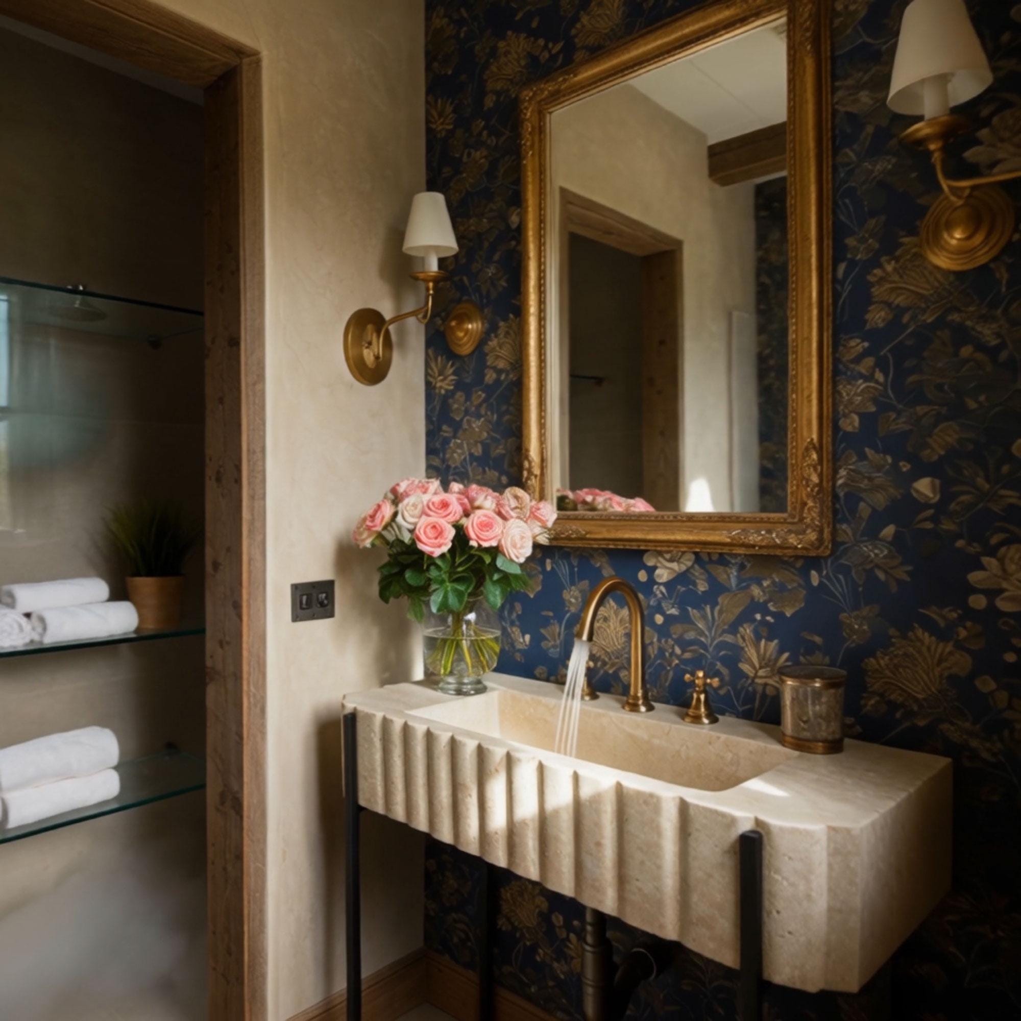 This fluted travertine vanity sink with black metal legs adds natural charm and sculptural depth to upscale interiors.