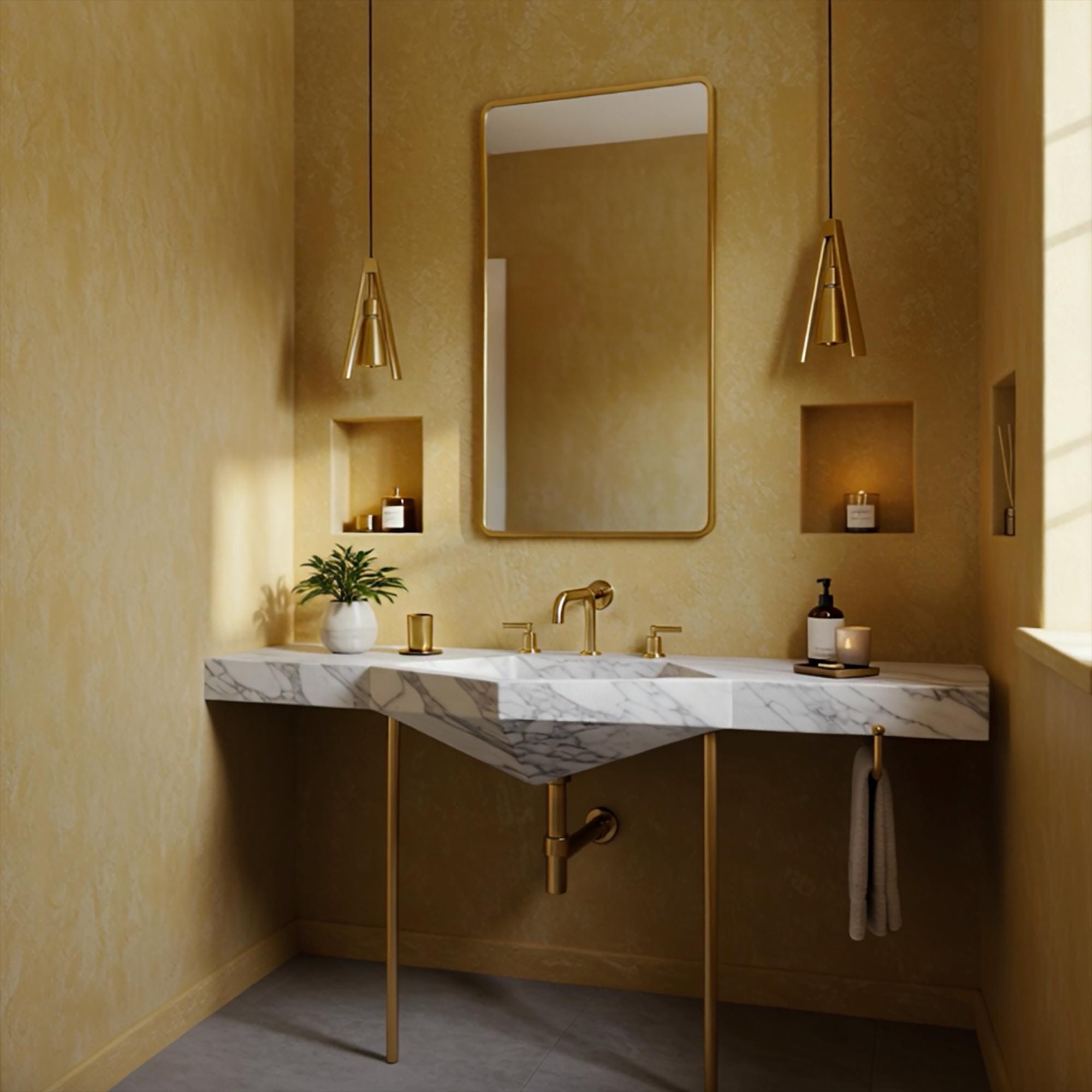 A unique geometric marble sink in Carrara stone with brass legs and accessories, blending symmetry and modern aesthetics.