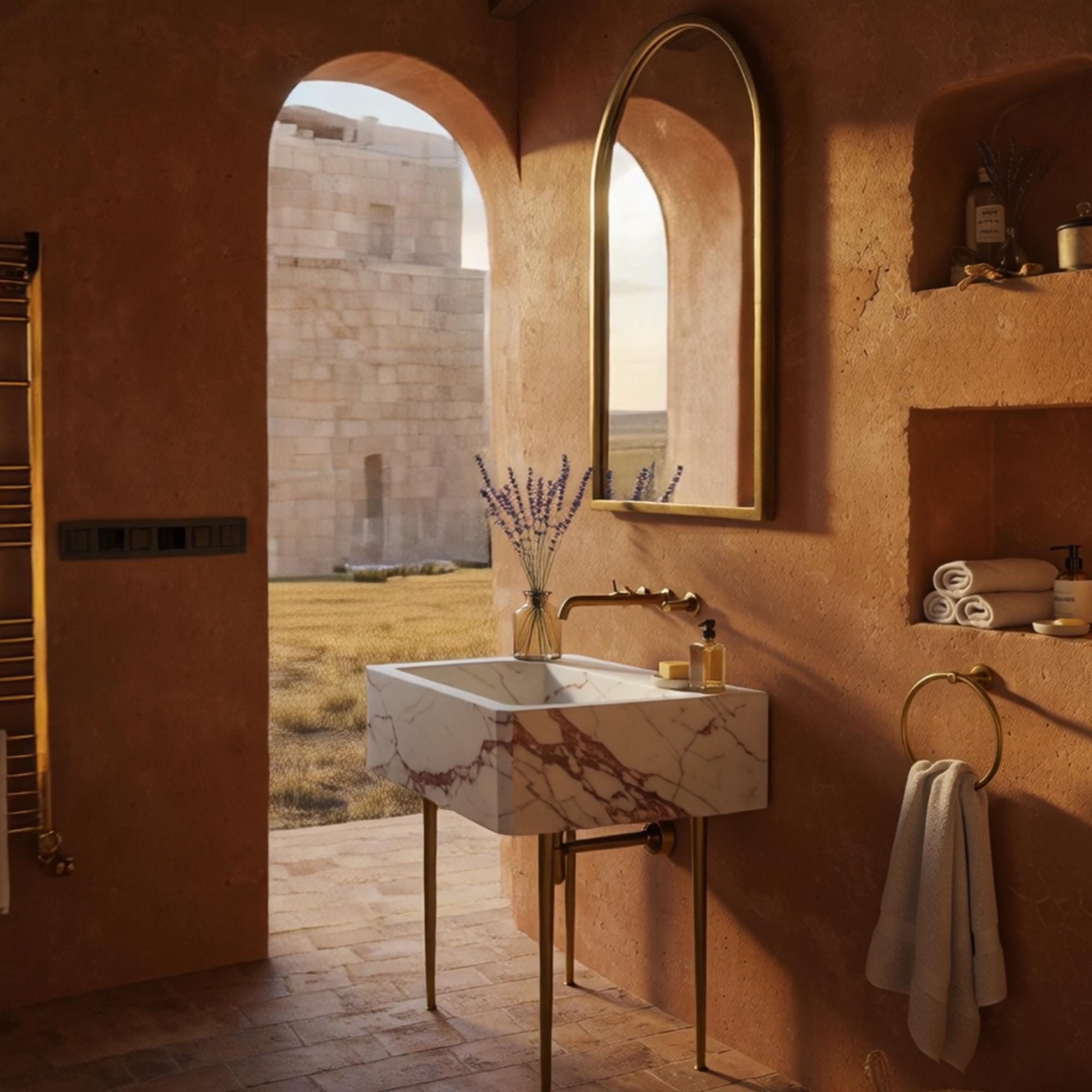 Geometric Calacatta Viola marble sink supported by a minimalist brass frame for a refined look.