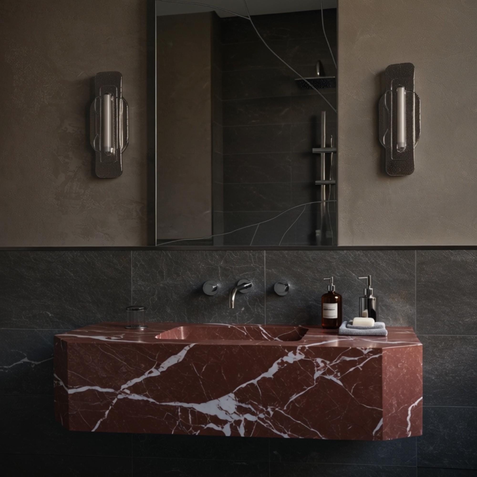 Wall-mounted geometric sink crafted from Rosso Levanto red marble, ideal for contemporary bathroom spaces.