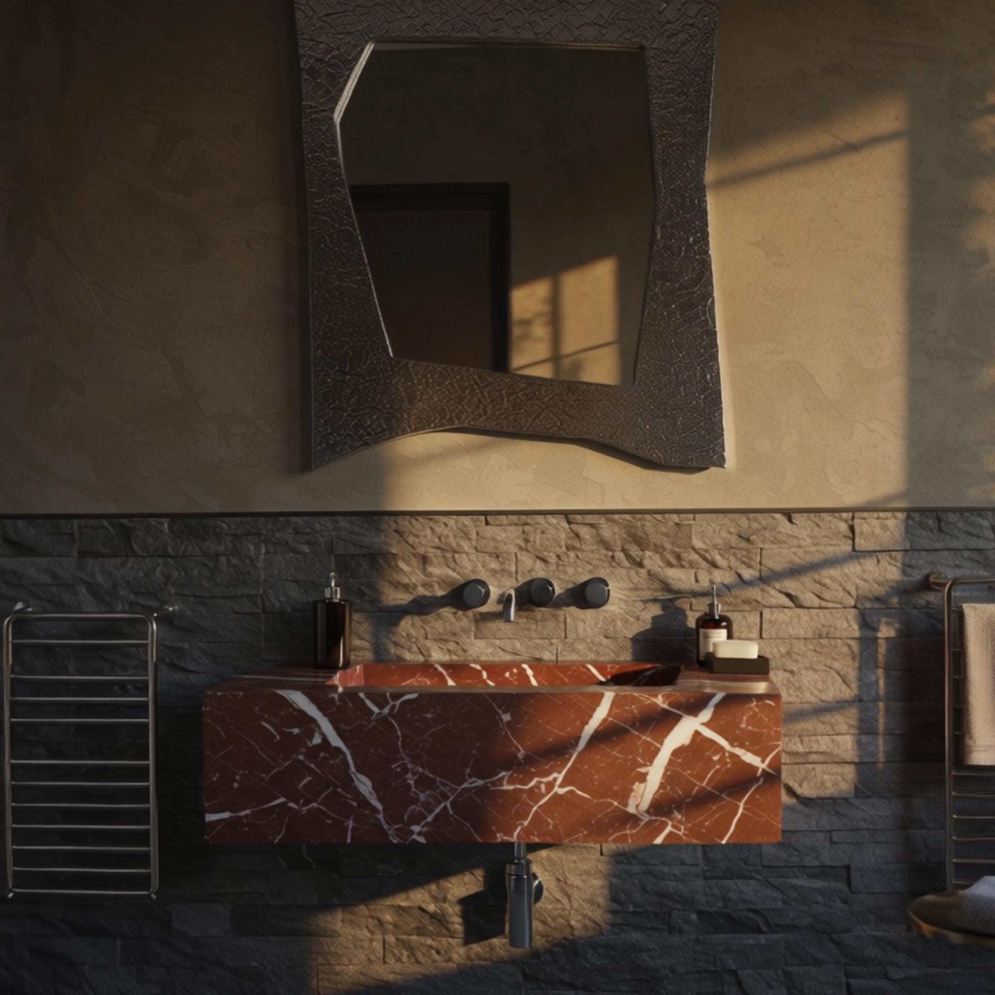 Geometric Rosso Levanto marble sink with modern wall-mounted floating vanity style.