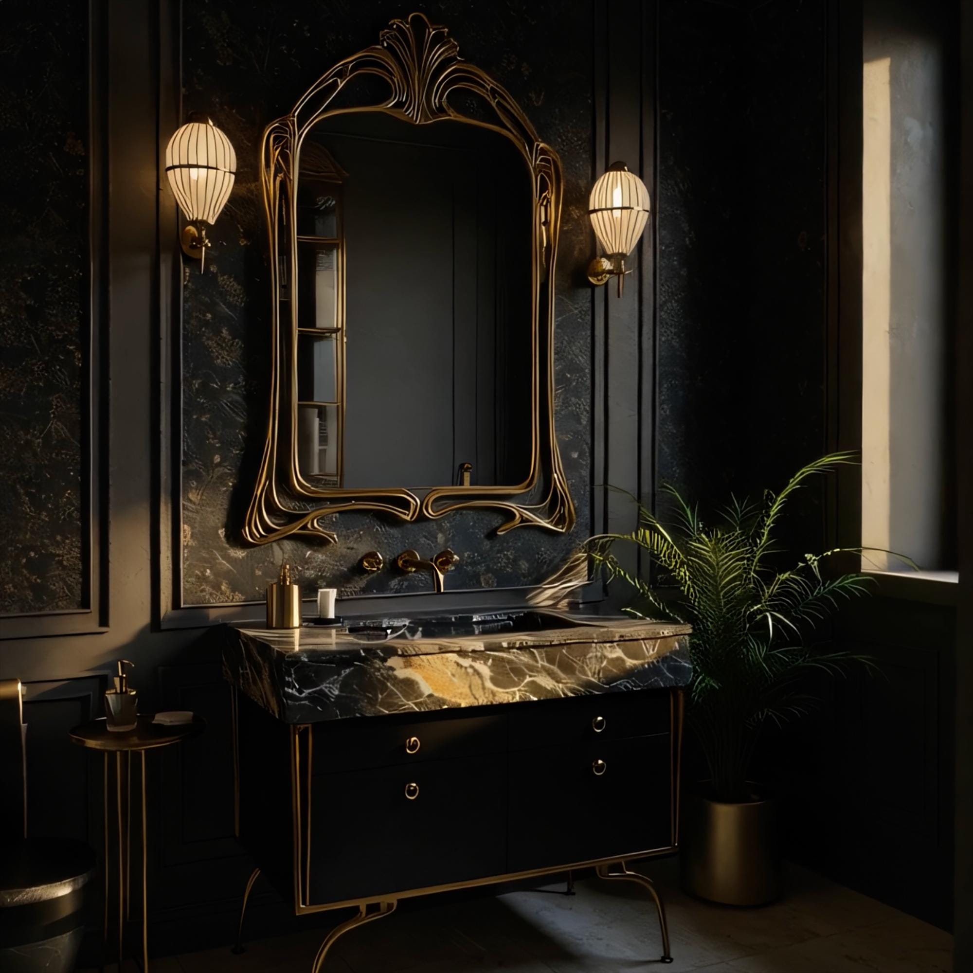 Elegant console vanity featuring dark marble, gold sculptural legs, and rich black cabinetry.