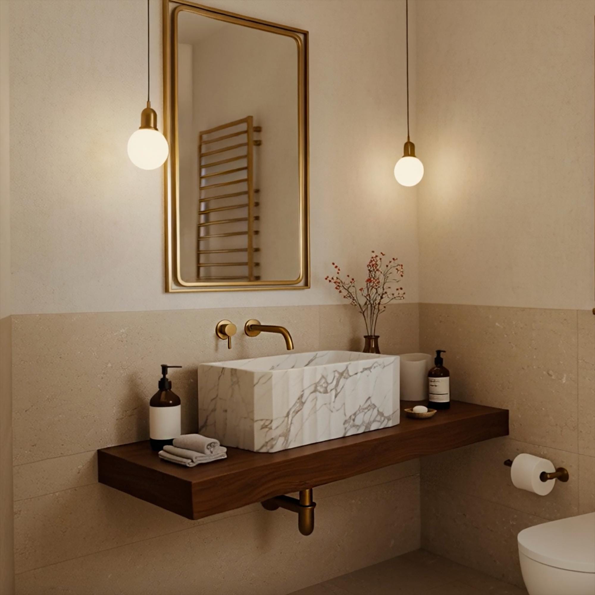 Hand-carved Carrara marble bathroom sink with fluted design, paired with gold wall-mounted fixtures.