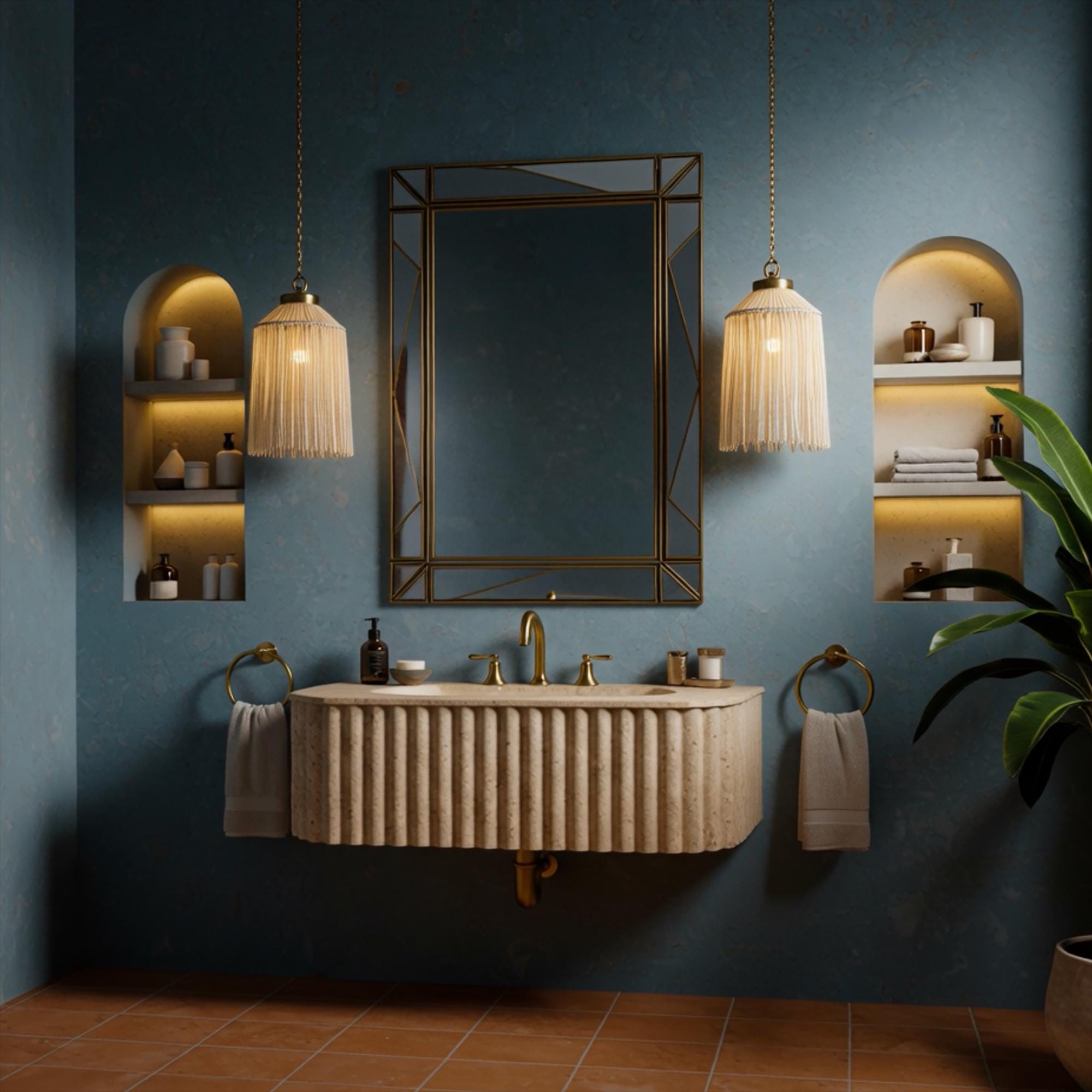 Hand-carved beige travertine console sink with double basin and vertical fluting in a wall-mounted design.