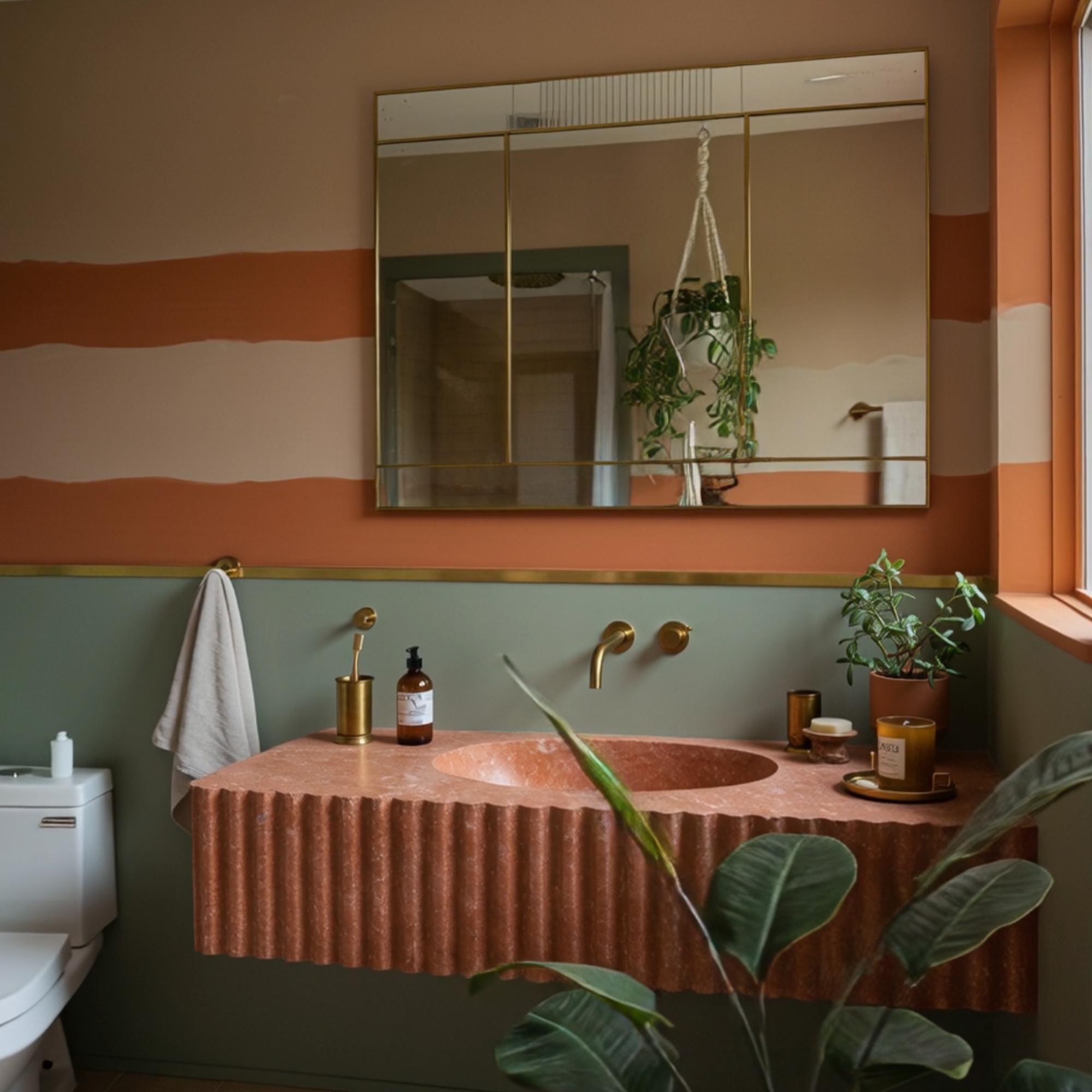 Hand-carved red travertine sink with fluted texture, perfect as a modern wall-mounted vanity.
