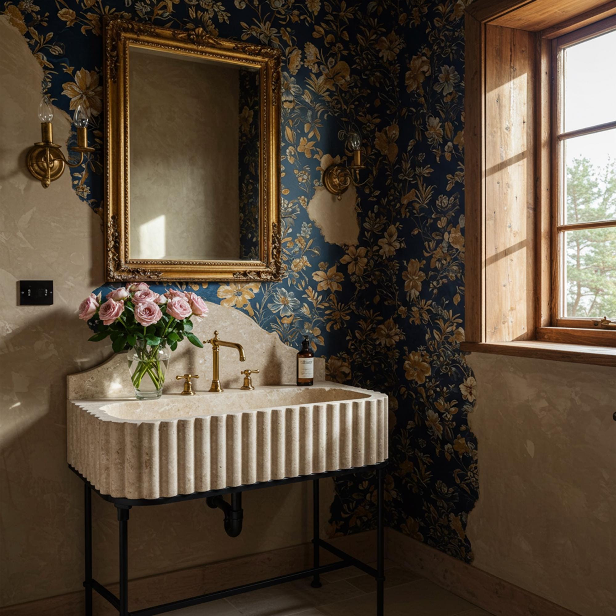 Hand-carved beige travertine console sink with scalloped backsplash and fluted front, paired with a black metal stand and brass fittings.
